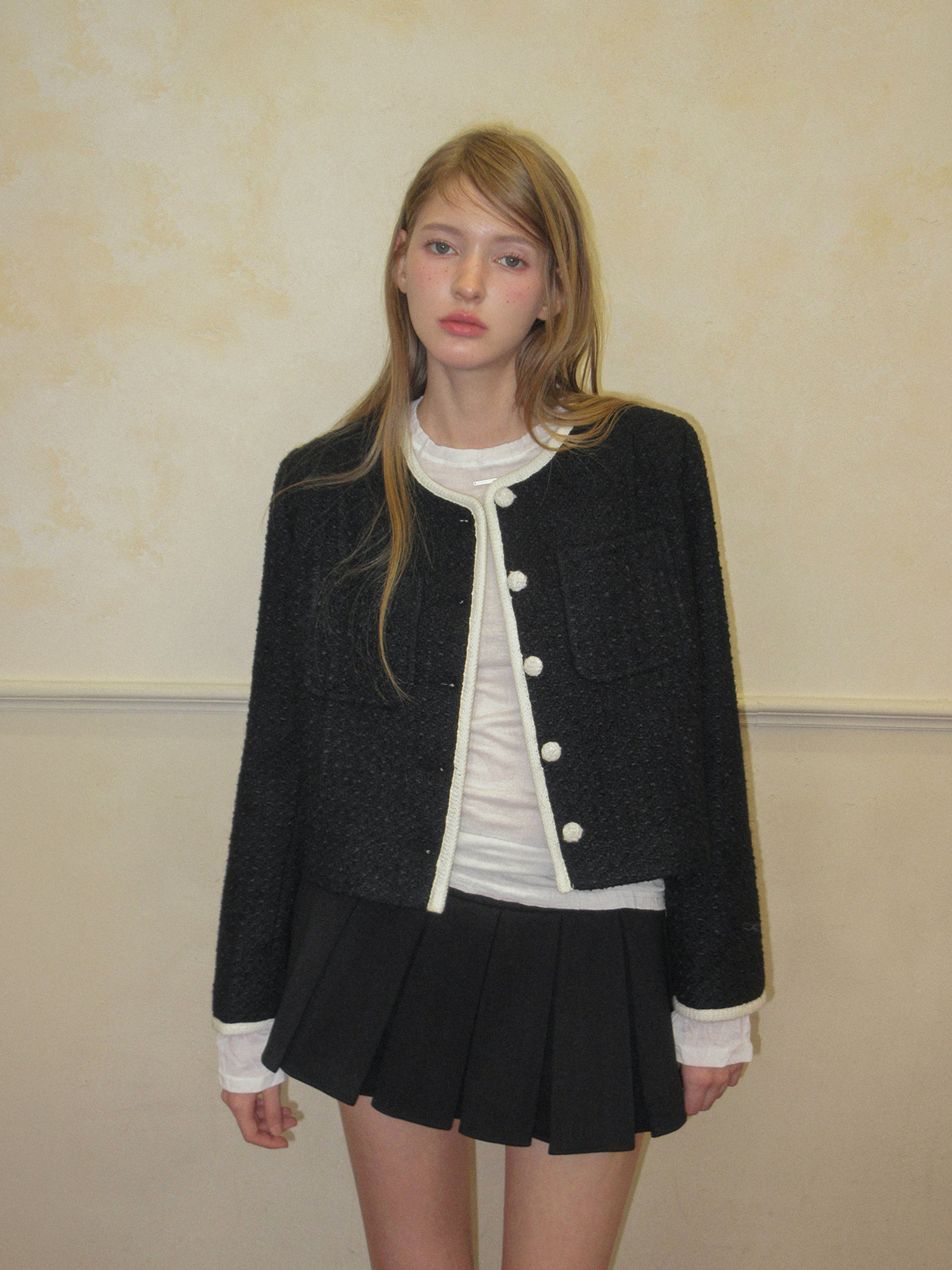TWEE Osel contrast pocket long sleeve tweed jacket - Model styling view