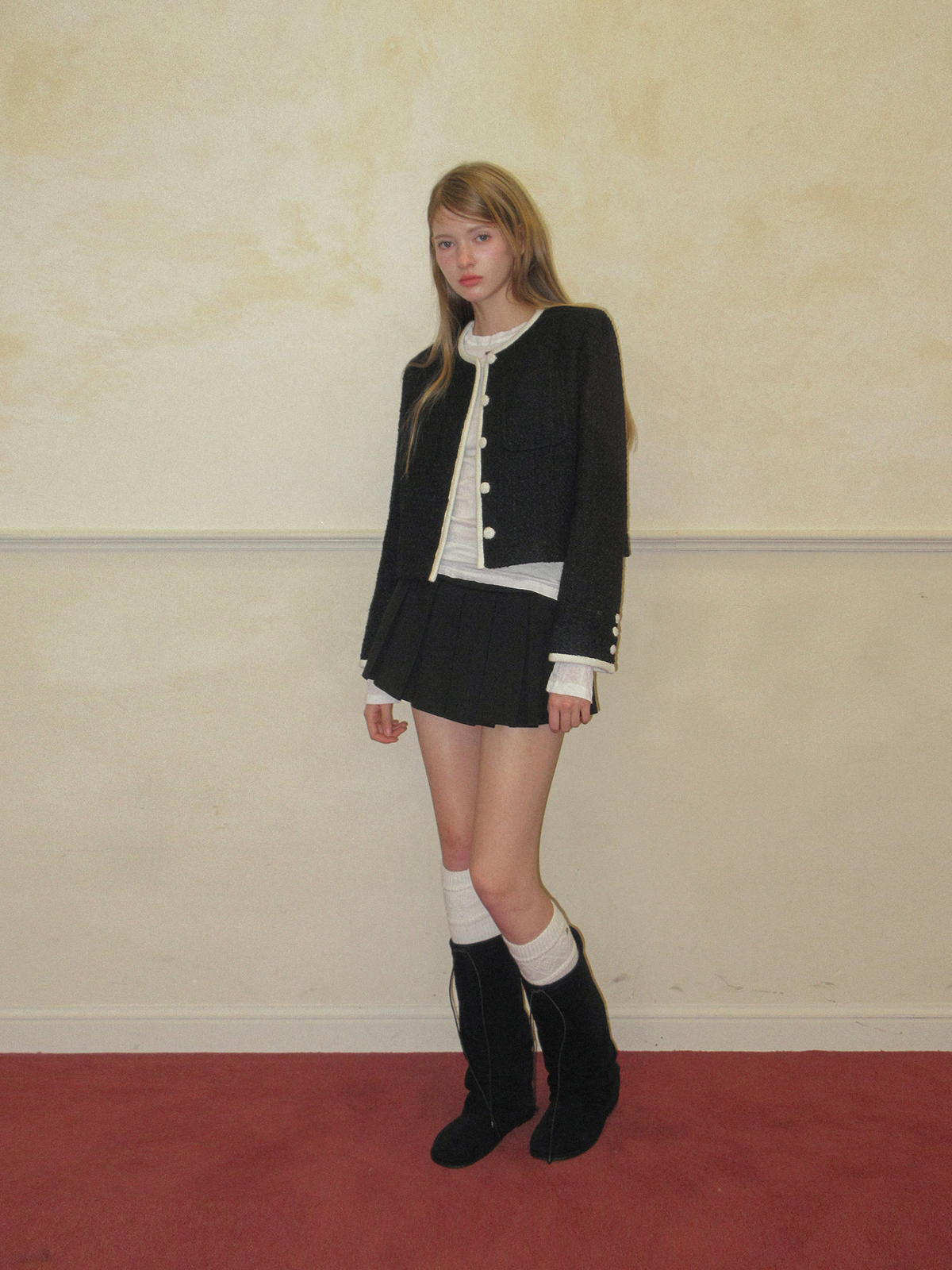 TWEE Osel contrast pocket long sleeve tweed jacket - Model styling view