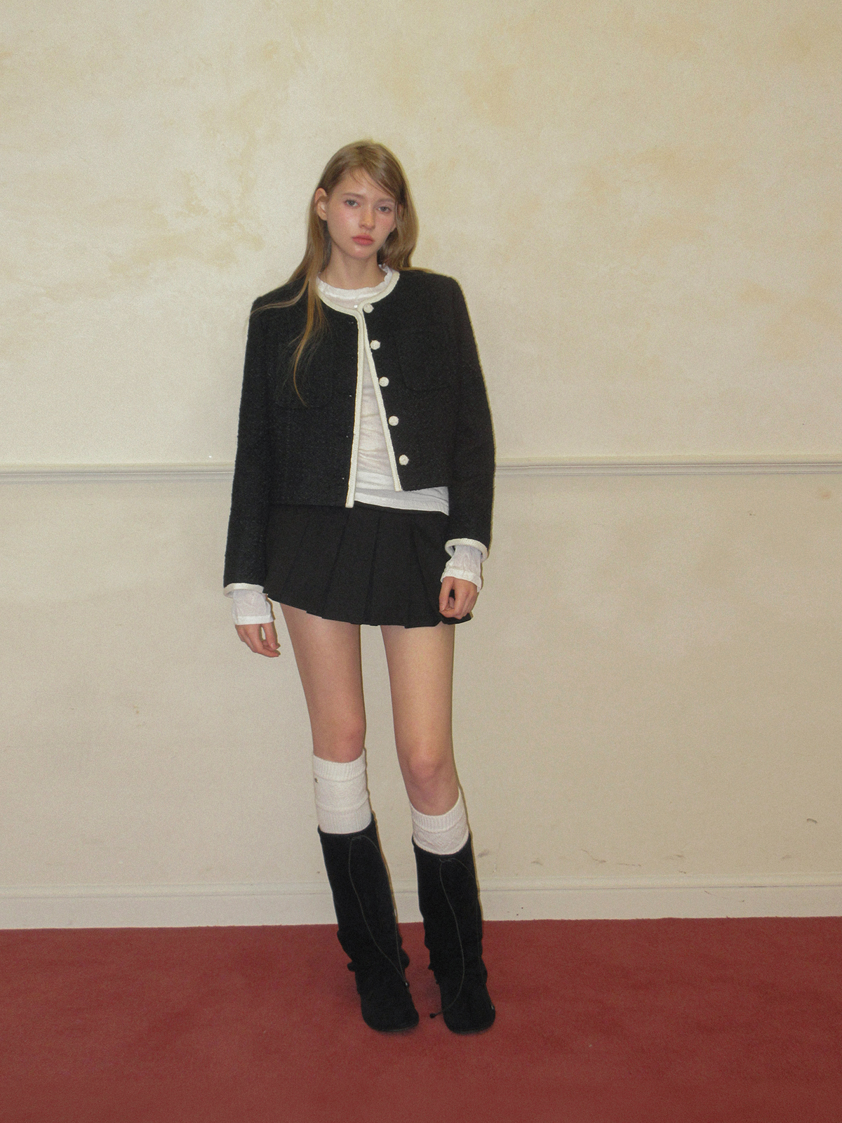TWEE Osel contrast pocket long sleeve tweed jacket - Model styling view