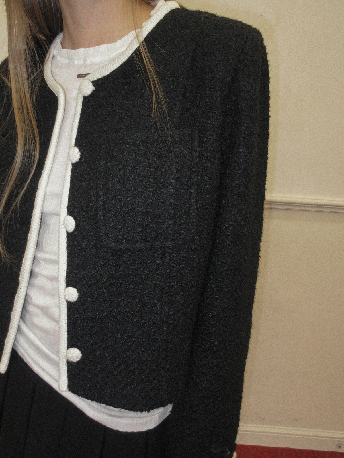 TWEE Osel contrast pocket long sleeve tweed jacket - Model styling view