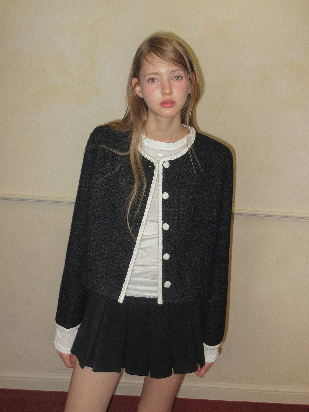 TWEE Osel contrast pocket long sleeve tweed jacket - Model styling view