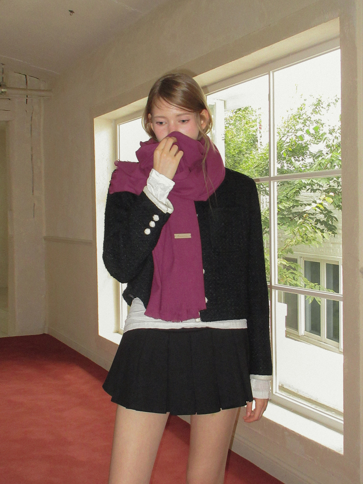 TWEE Osel contrast pocket long sleeve tweed jacket - Model styling view