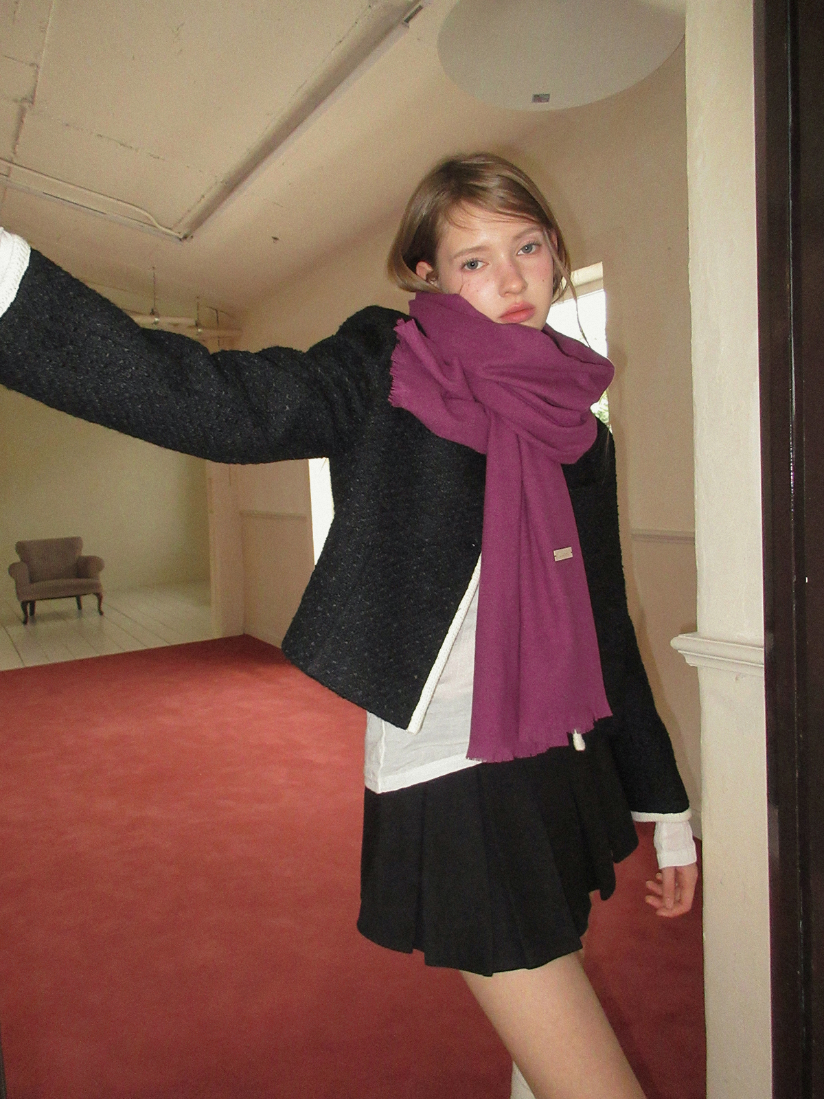 TWEE Osel contrast pocket long sleeve tweed jacket - Model styling view