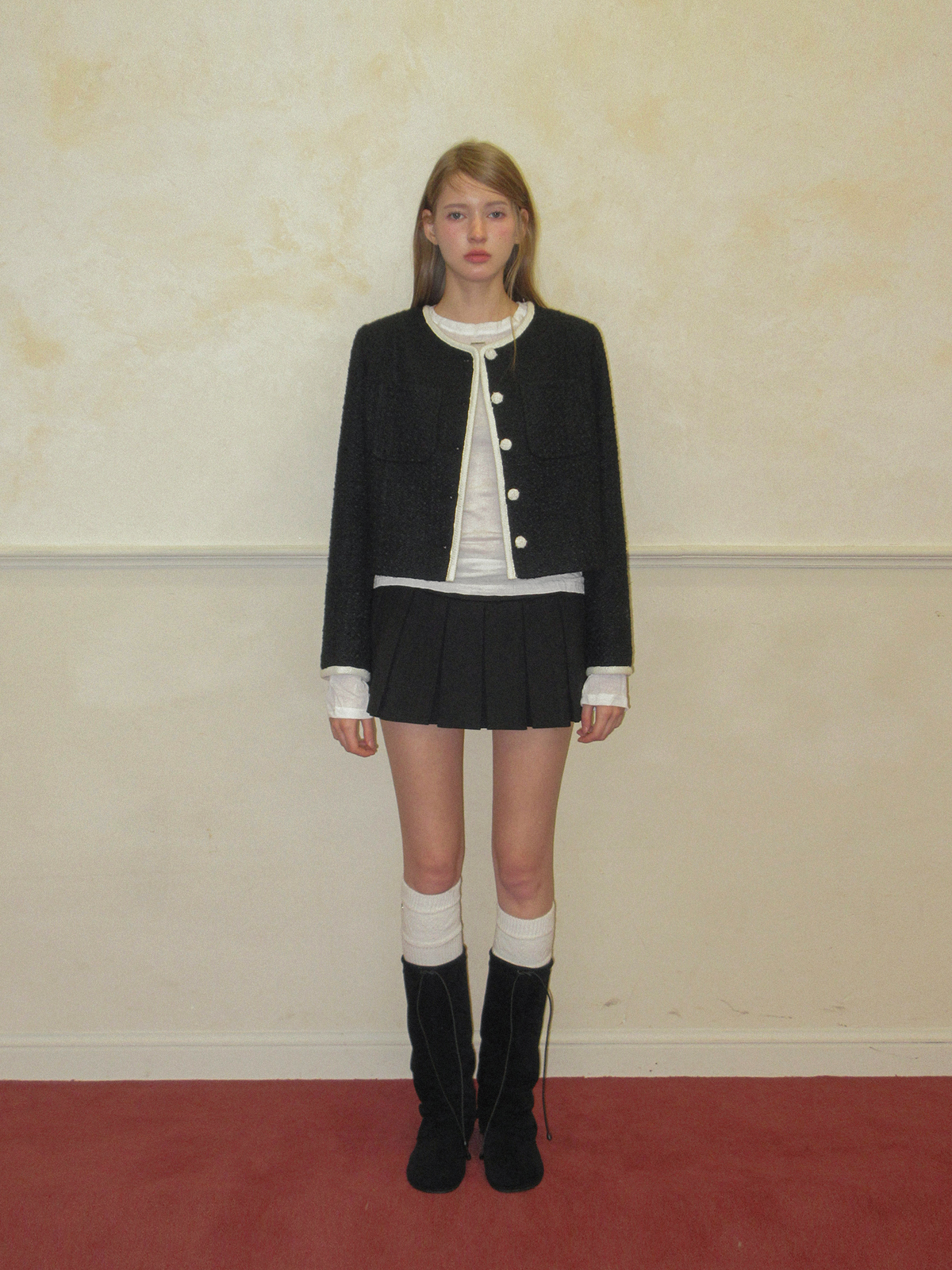 TWEE Osel contrast pocket long sleeve tweed jacket - Model styling view