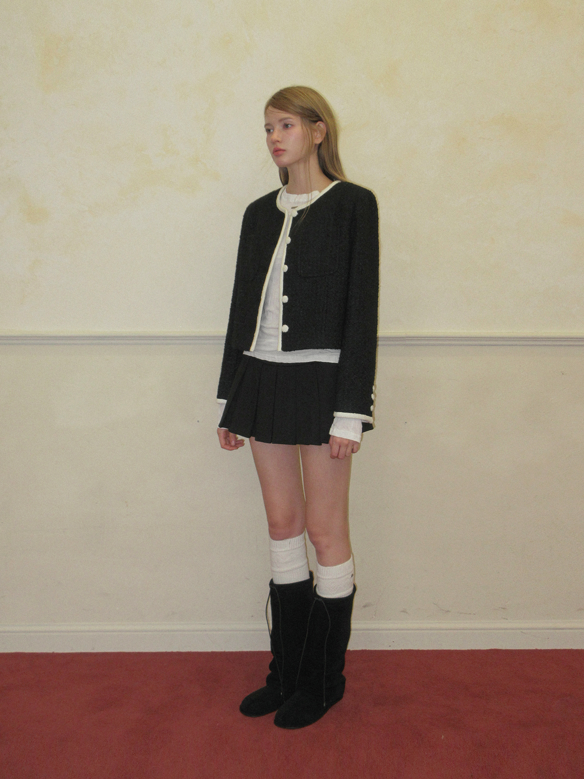 TWEE Osel contrast pocket long sleeve tweed jacket - Model styling view