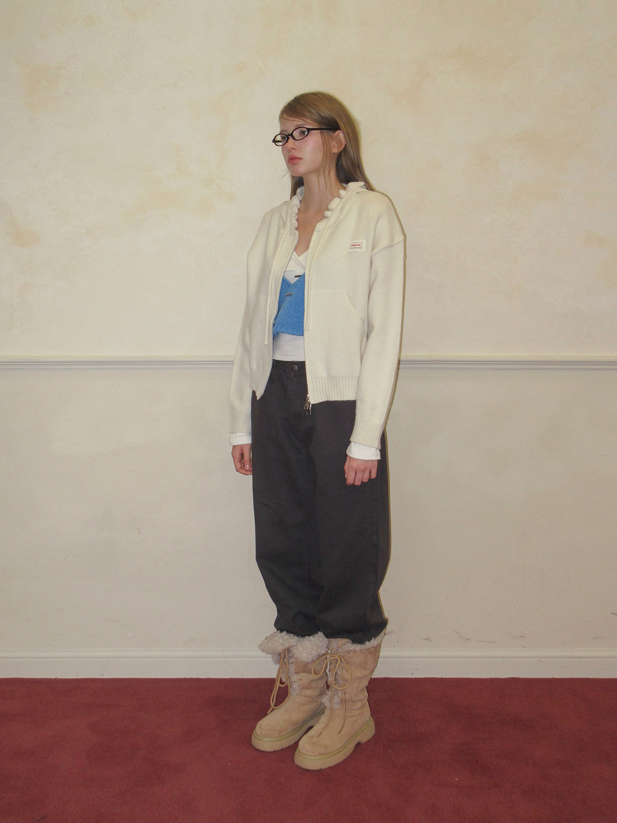 TWEE Berle wave hood long sleeve knit zip-up - Model styling view