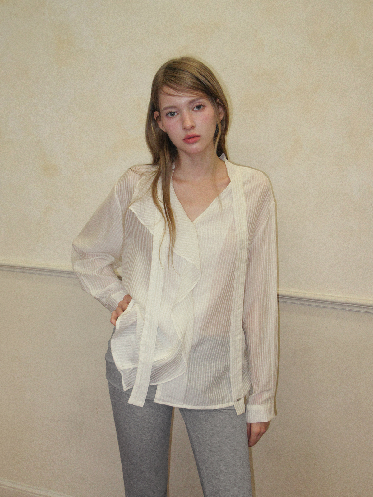 TWEE Kesi frill stripe strap long sleeve blouse - Model styling view