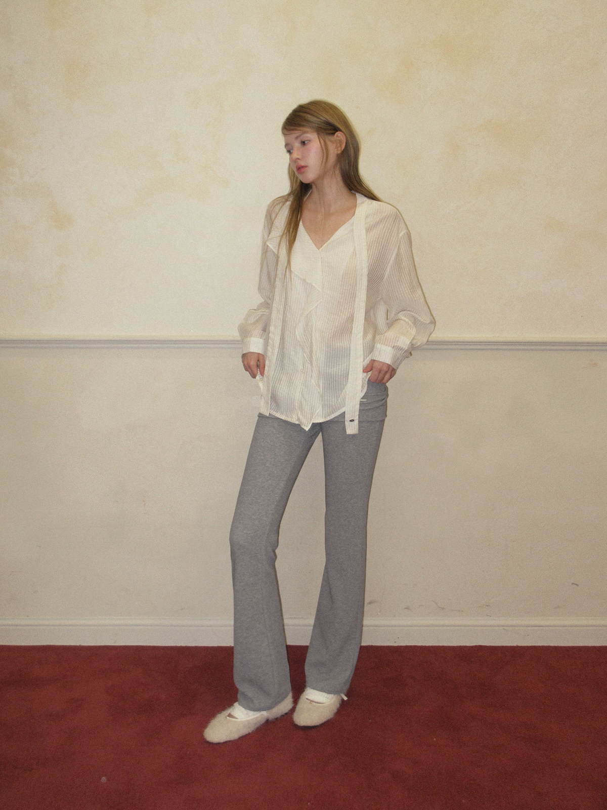 TWEE Kesi frill stripe strap long sleeve blouse - Model styling view