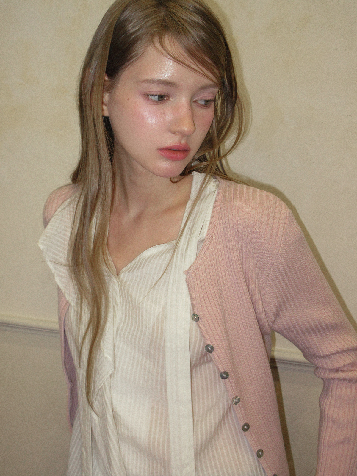 TWEE Kesi frill stripe strap long sleeve blouse - Model styling view