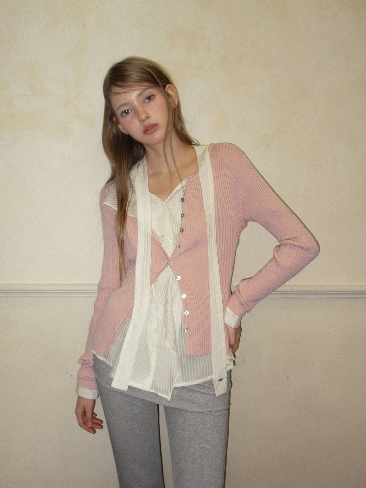 TWEE Elan slim ribbed knit long sleeve cardigan - Model styling view