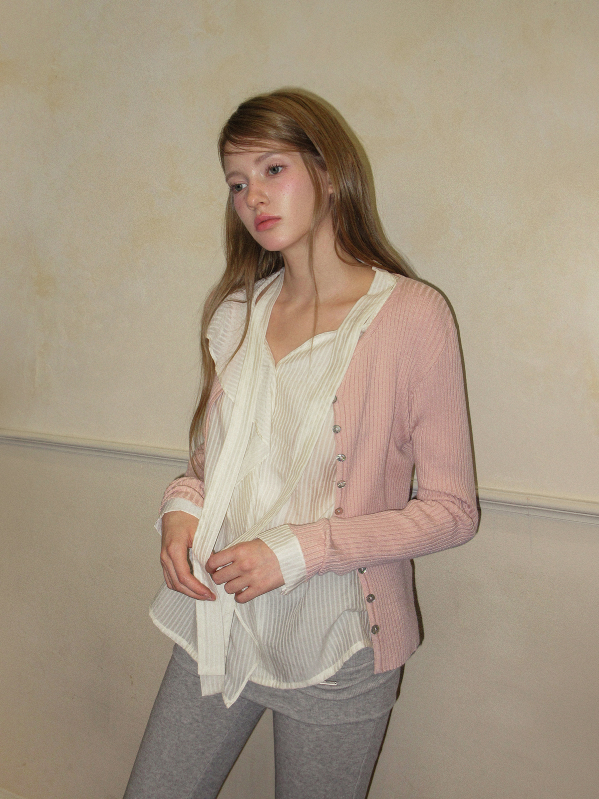 TWEE Elan slim ribbed knit long sleeve cardigan - Model styling view