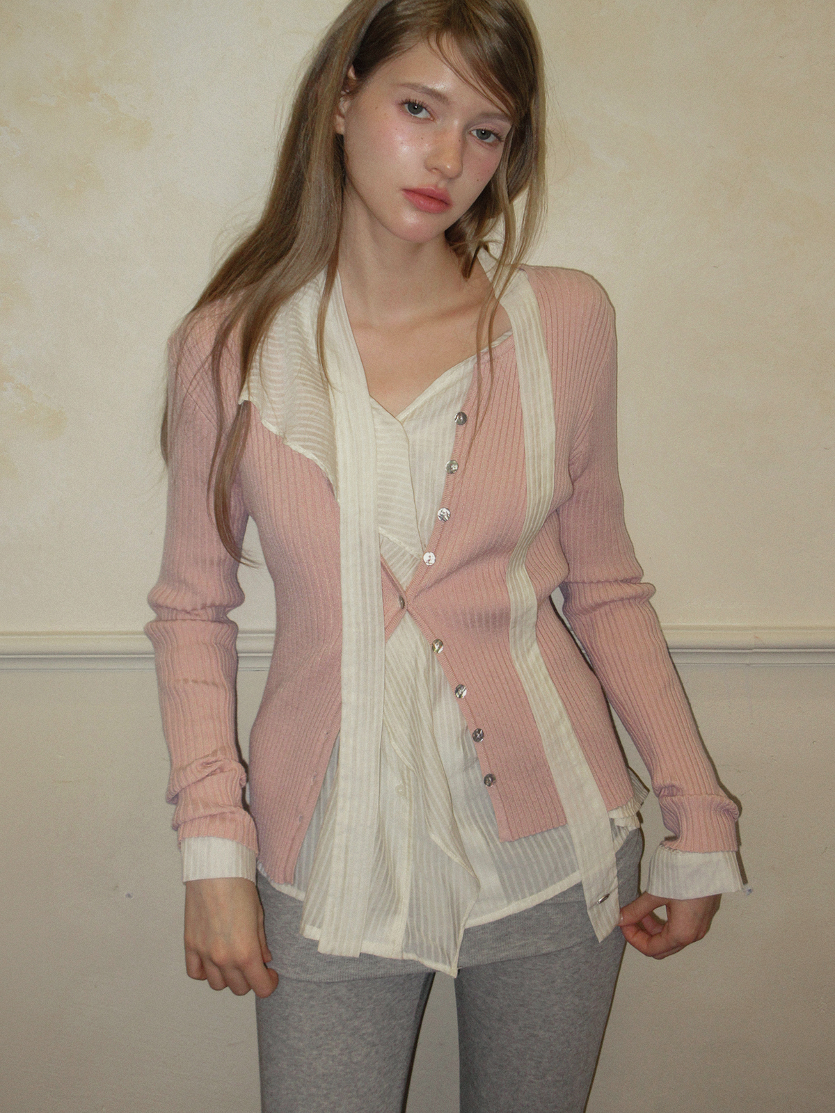 TWEE Elan slim ribbed knit long sleeve cardigan - Model styling view
