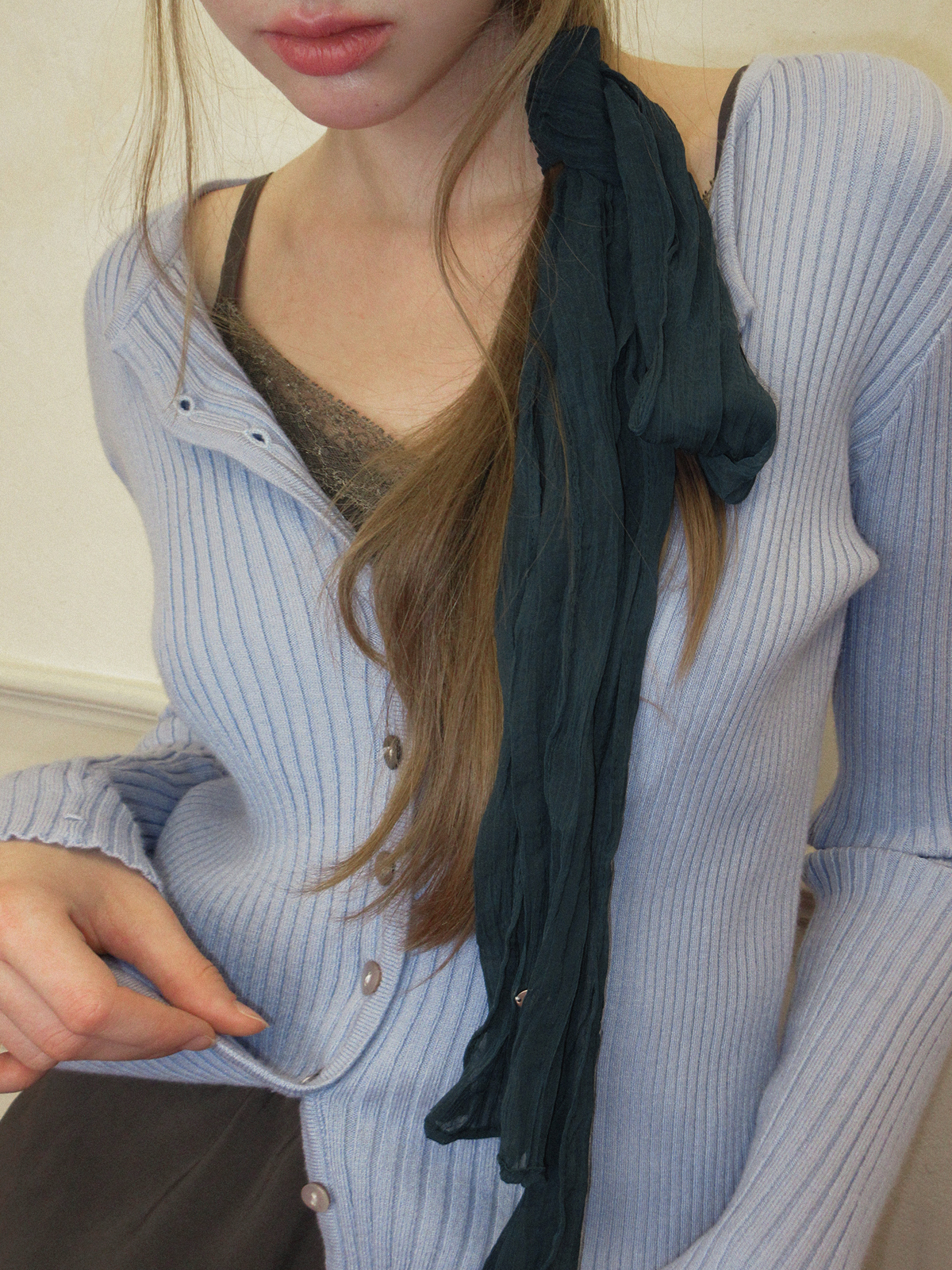 TWEE Elan slim ribbed knit long sleeve cardigan - Model styling view