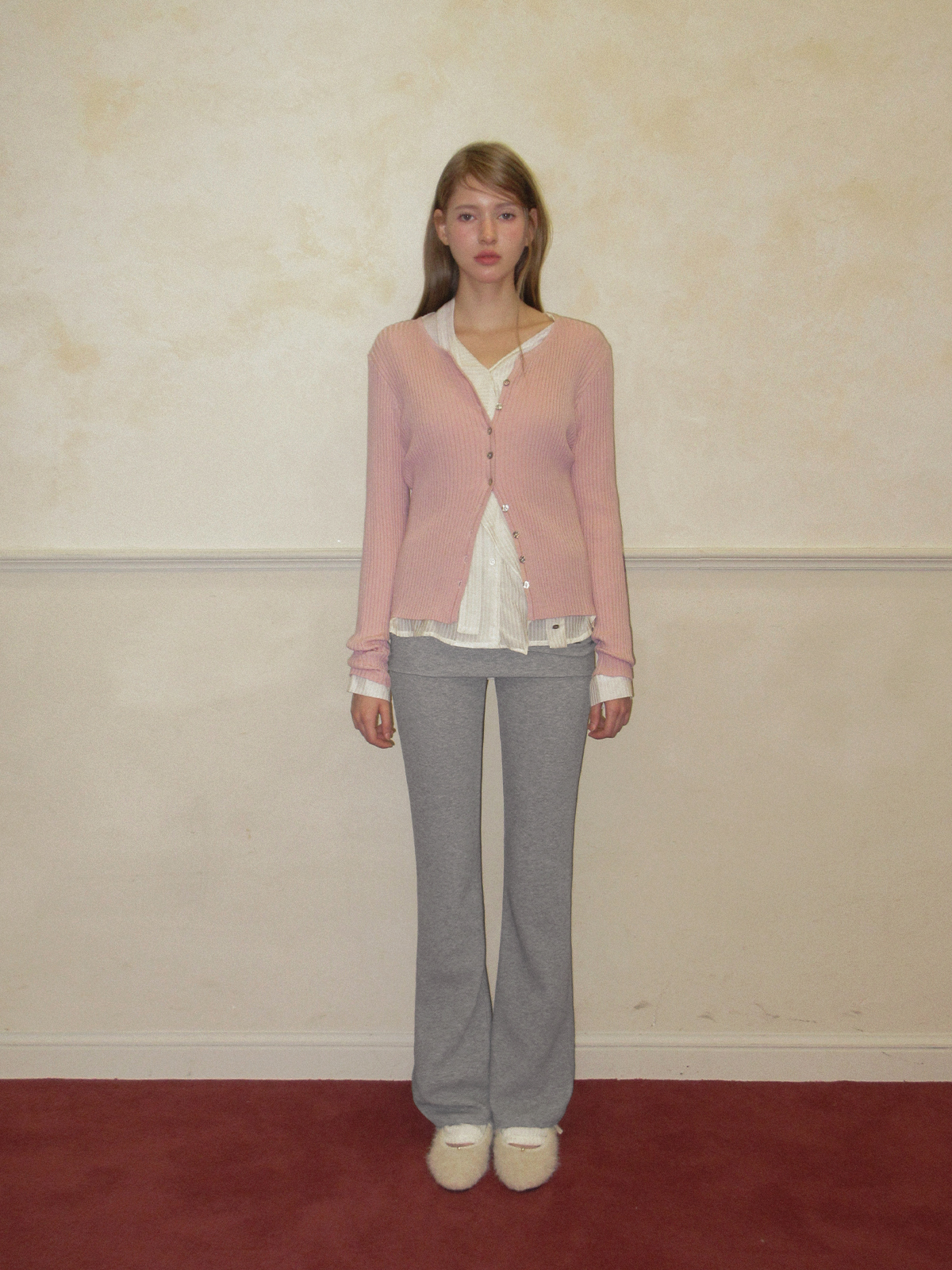 TWEE Elan slim ribbed knit long sleeve cardigan - Model styling view
