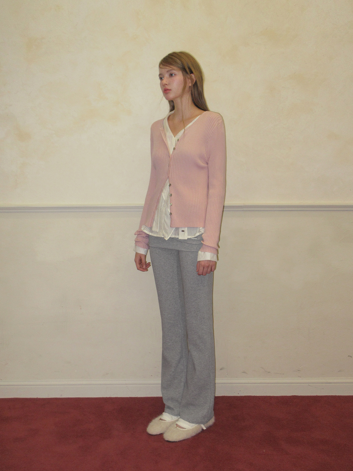 TWEE Elan slim ribbed knit long sleeve cardigan - Model styling view