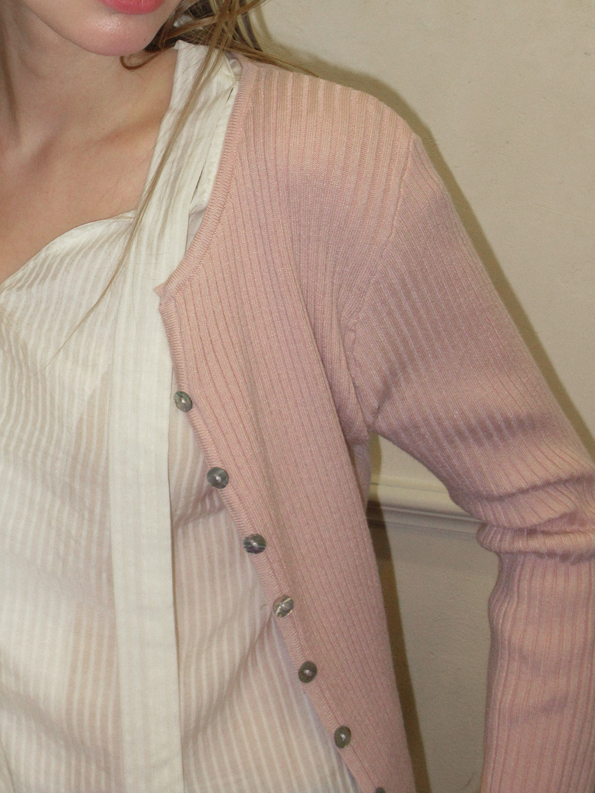 TWEE Elan slim ribbed knit long sleeve cardigan - Model styling view