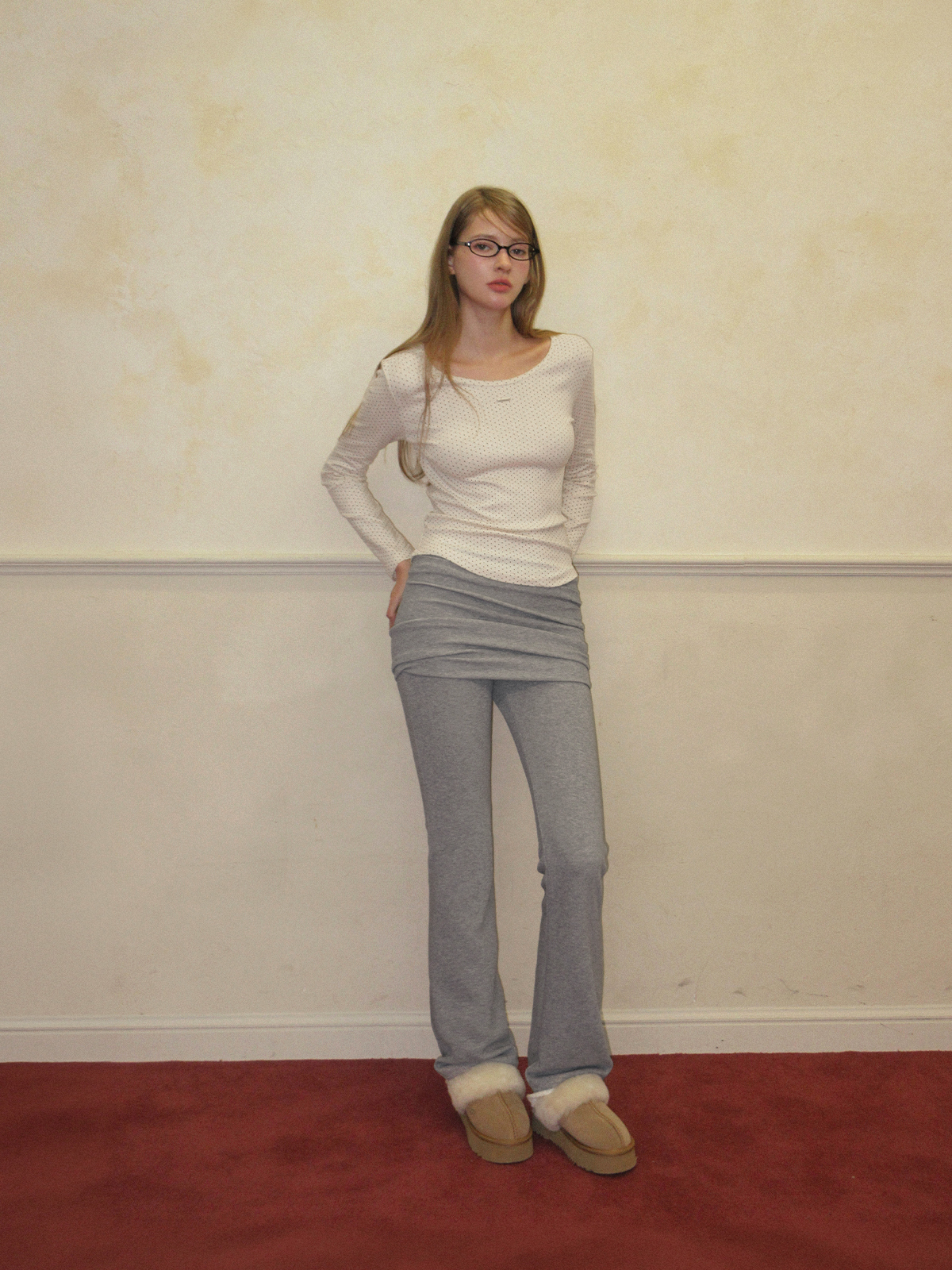 TWEE Comme dot round neck long sleeve T-shirt - Model styling view