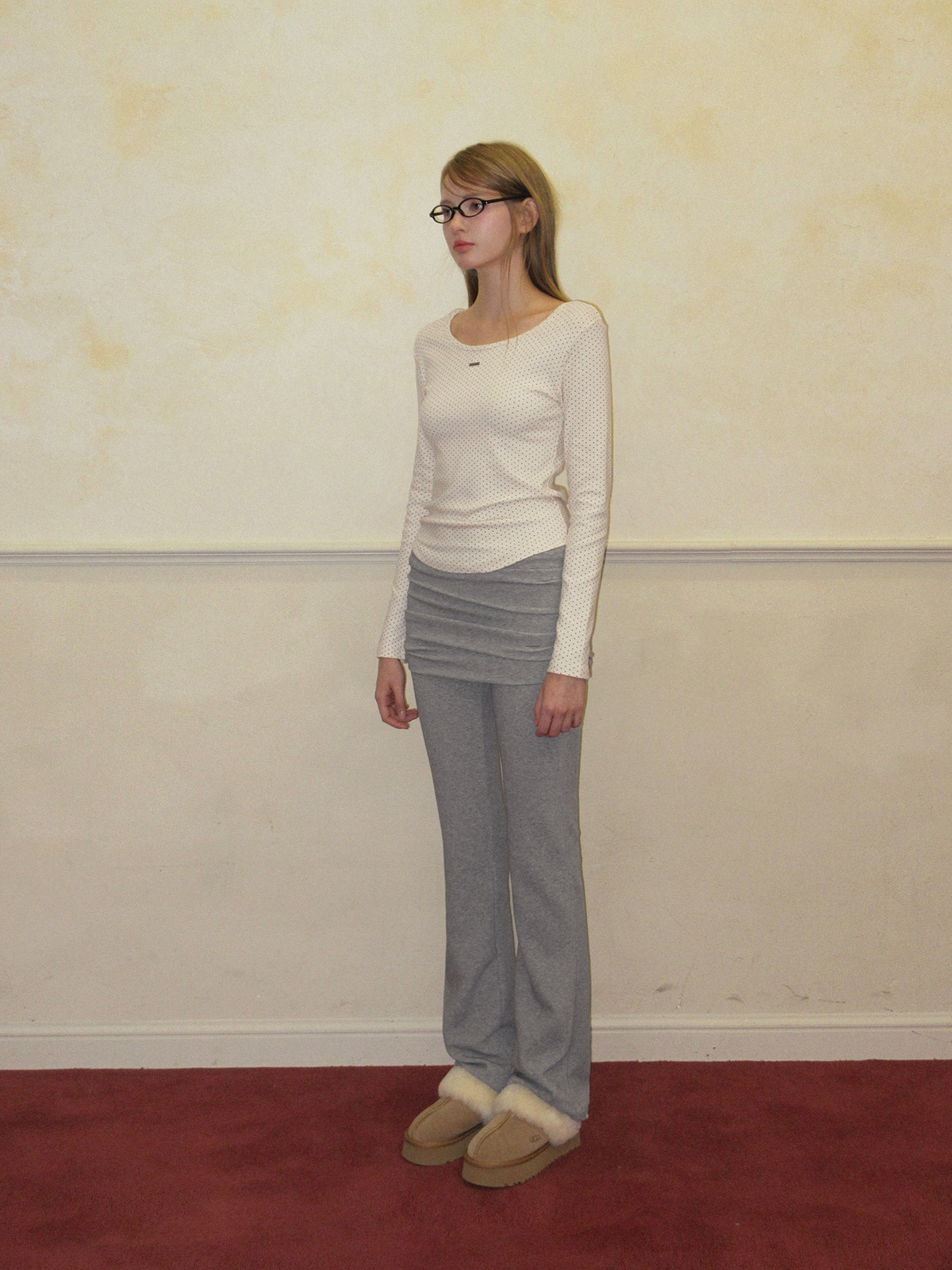 TWEE Comme dot round neck long sleeve T-shirt - Model styling view