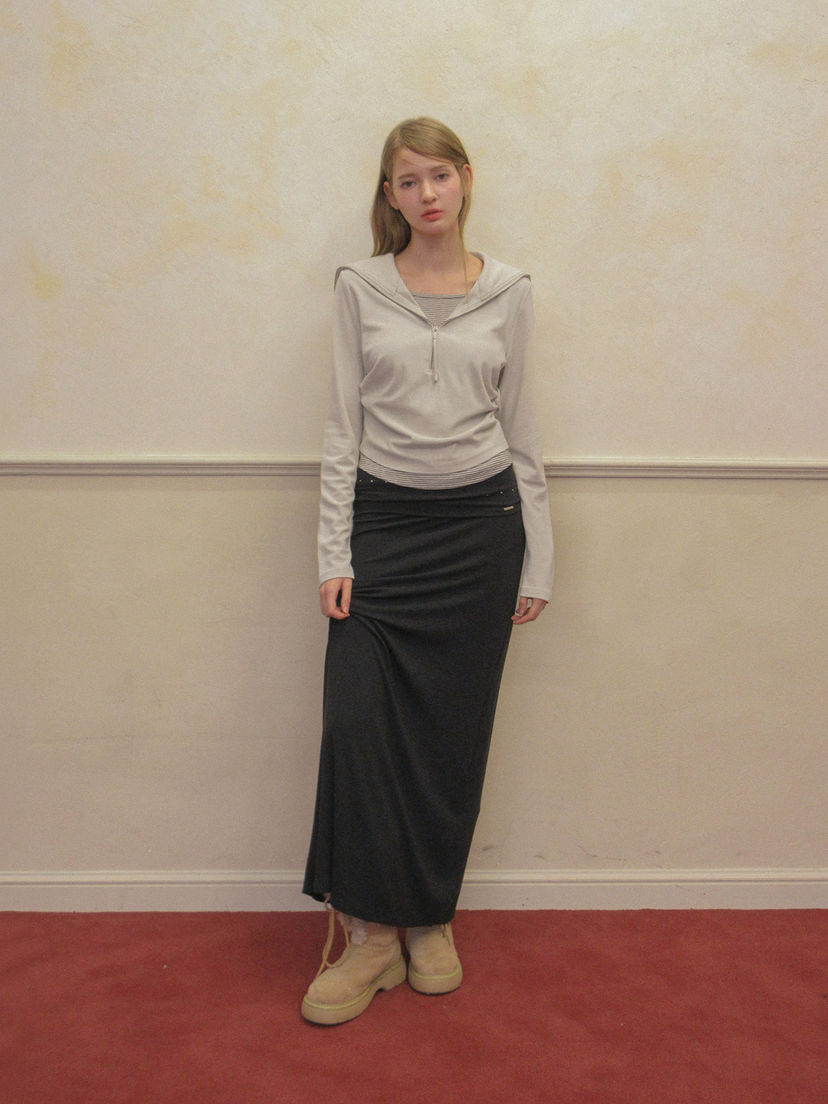 TWEE Nego stud folding maxi long skirt - Model styling view