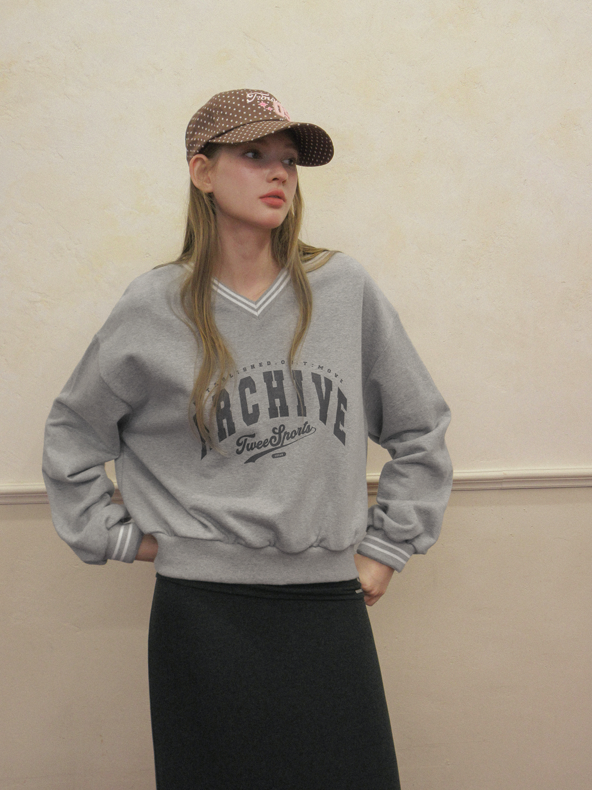 TWEE Perat archive V-neck contrast long sleeve sweatshirt - Model styling view
