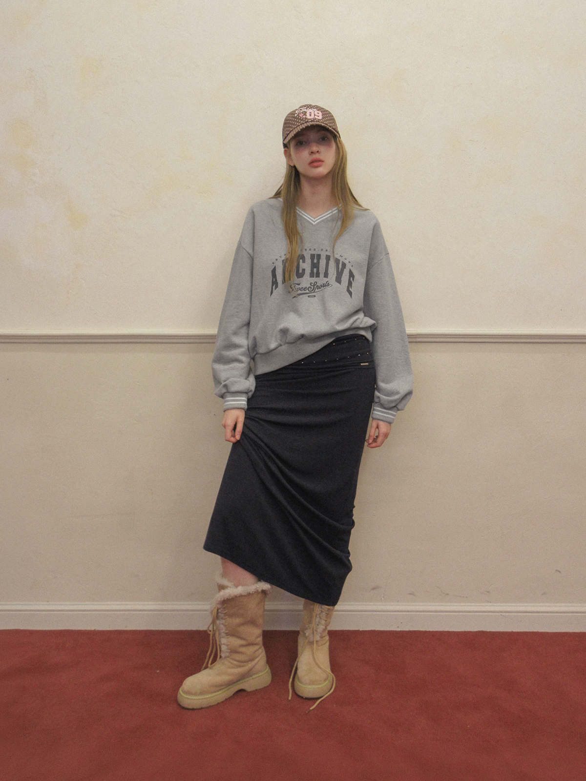 TWEE Perat archive V-neck contrast long sleeve sweatshirt - Model styling view