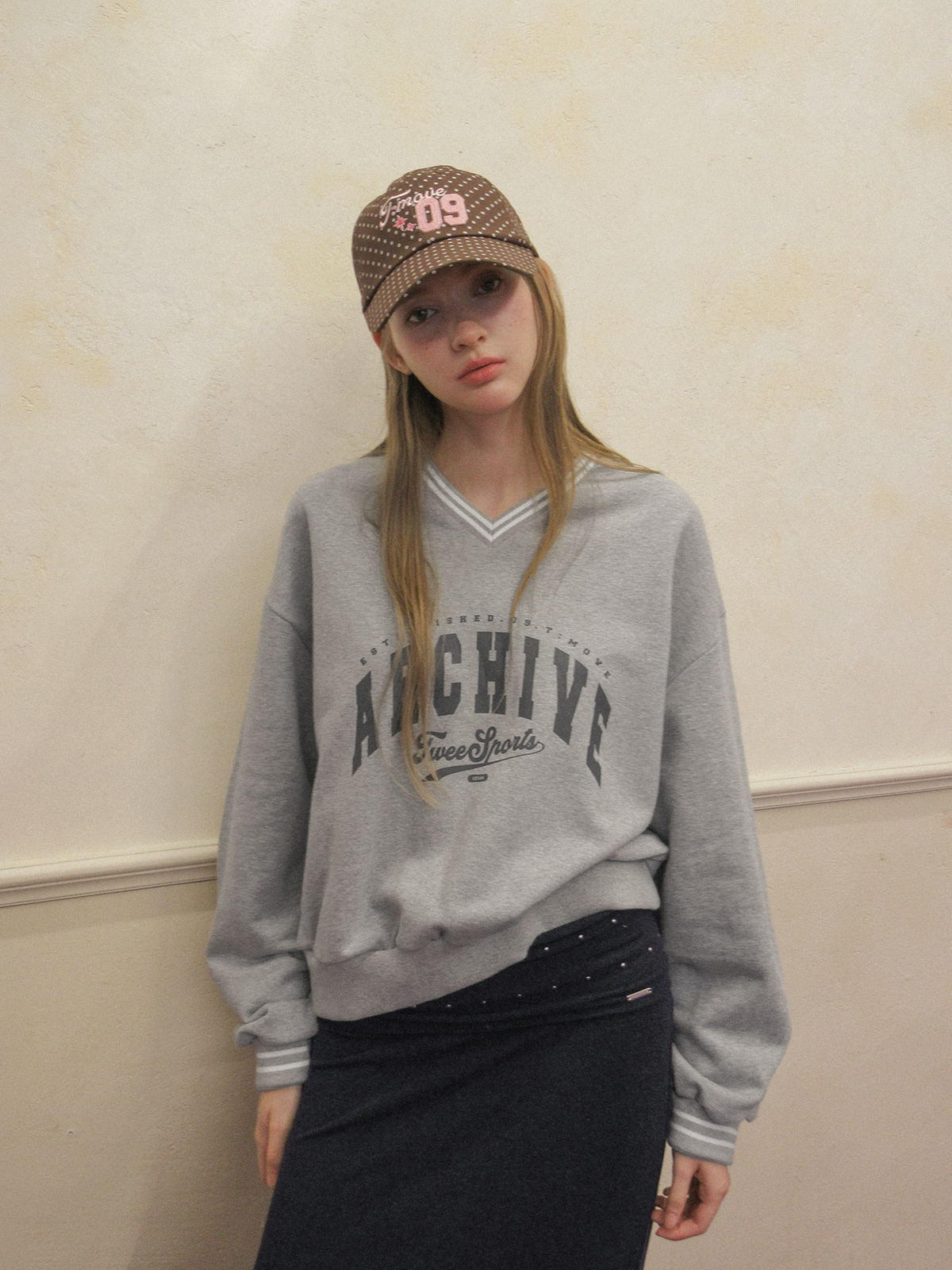 TWEE Perat archive V-neck contrast long sleeve sweatshirt - Model styling view