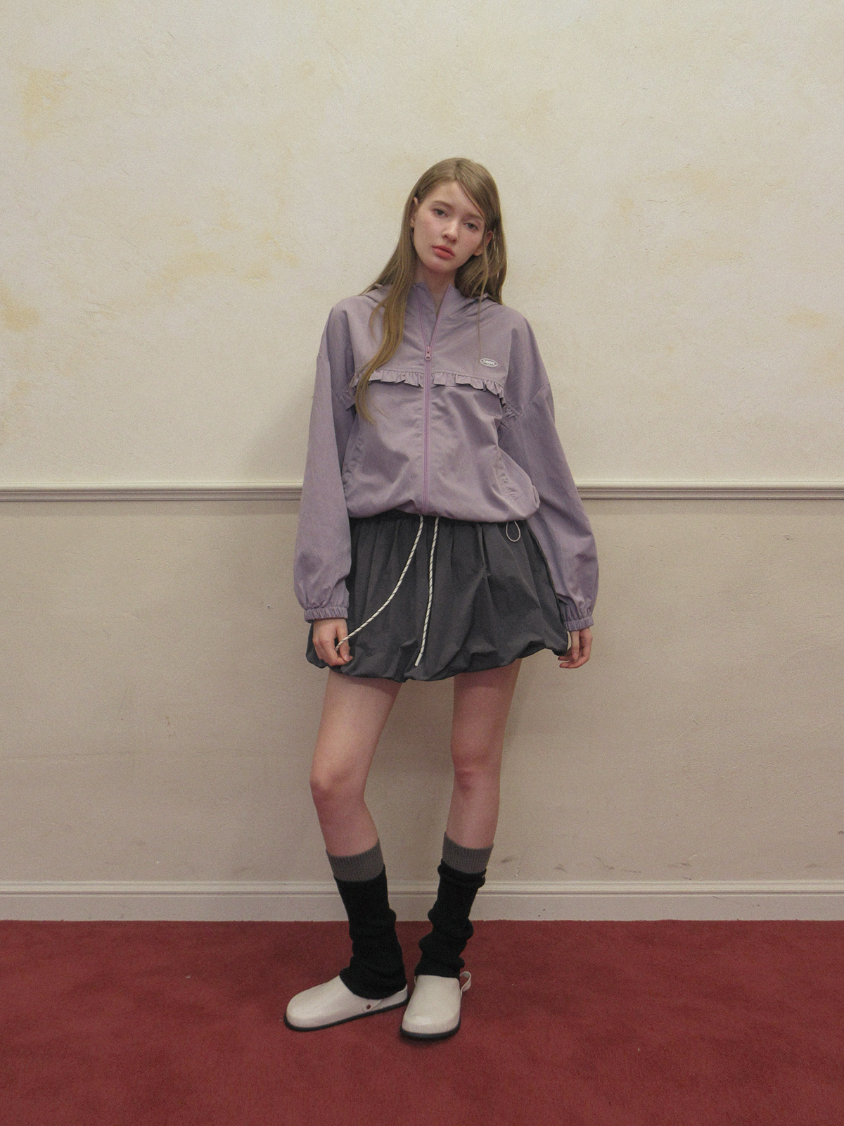 TWEE Bender frill nylon hood windbreaker jumper - Model styling view