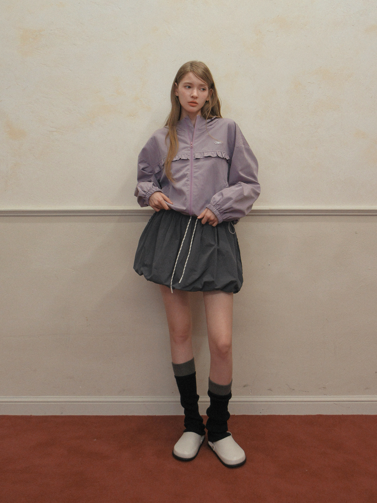TWEE Bender frill nylon hood windbreaker jumper - Model styling view