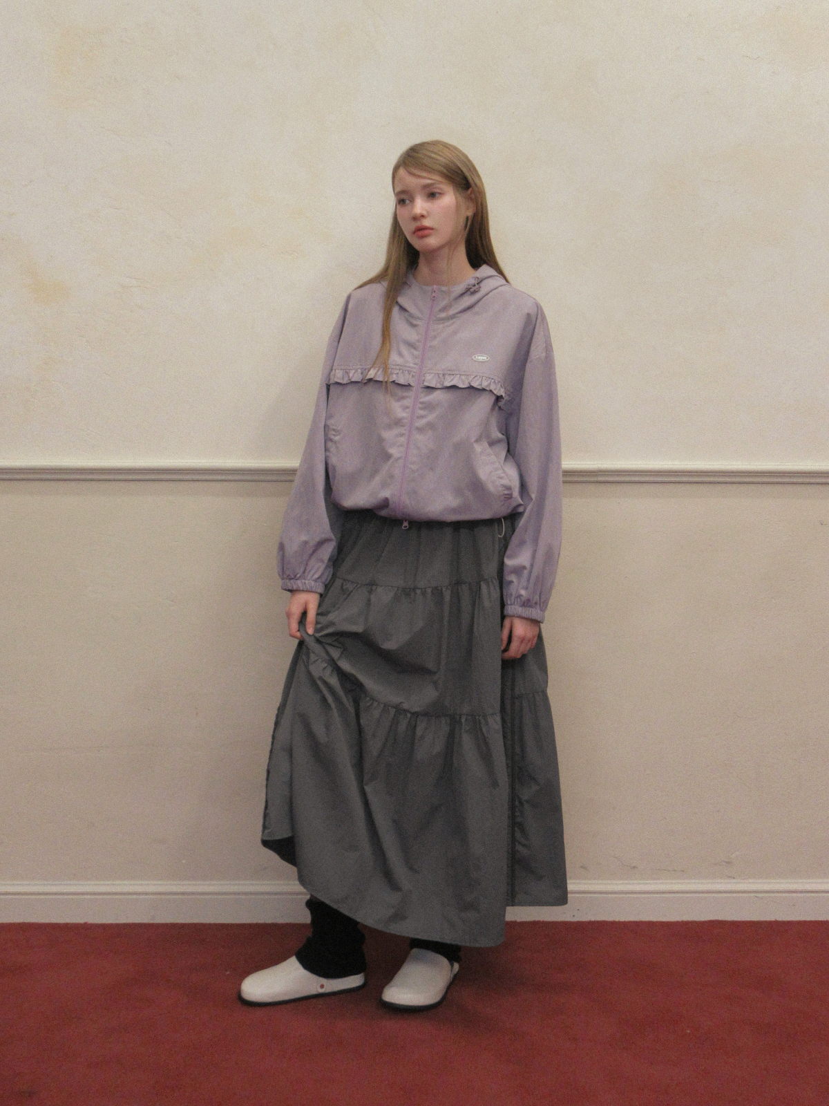 TWEE Bender frill nylon hood windbreaker jumper - Model styling view