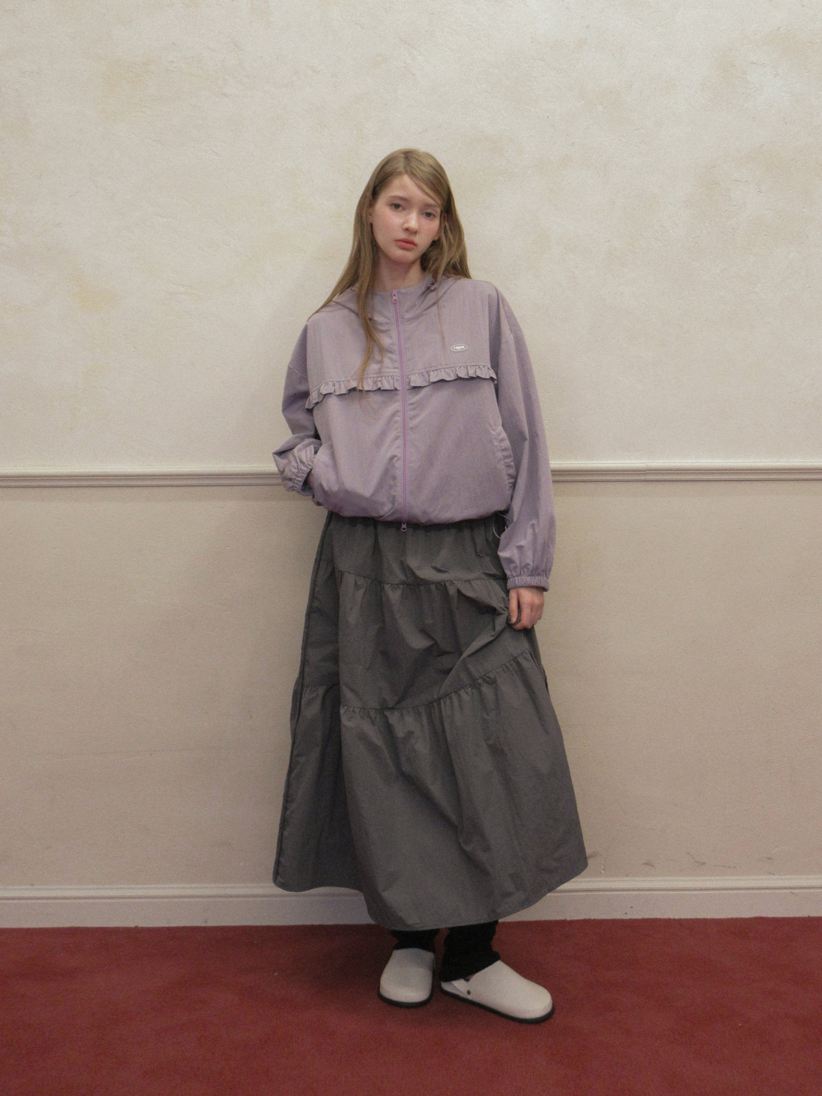 TWEE Bender frill nylon hood windbreaker jumper - Model styling view