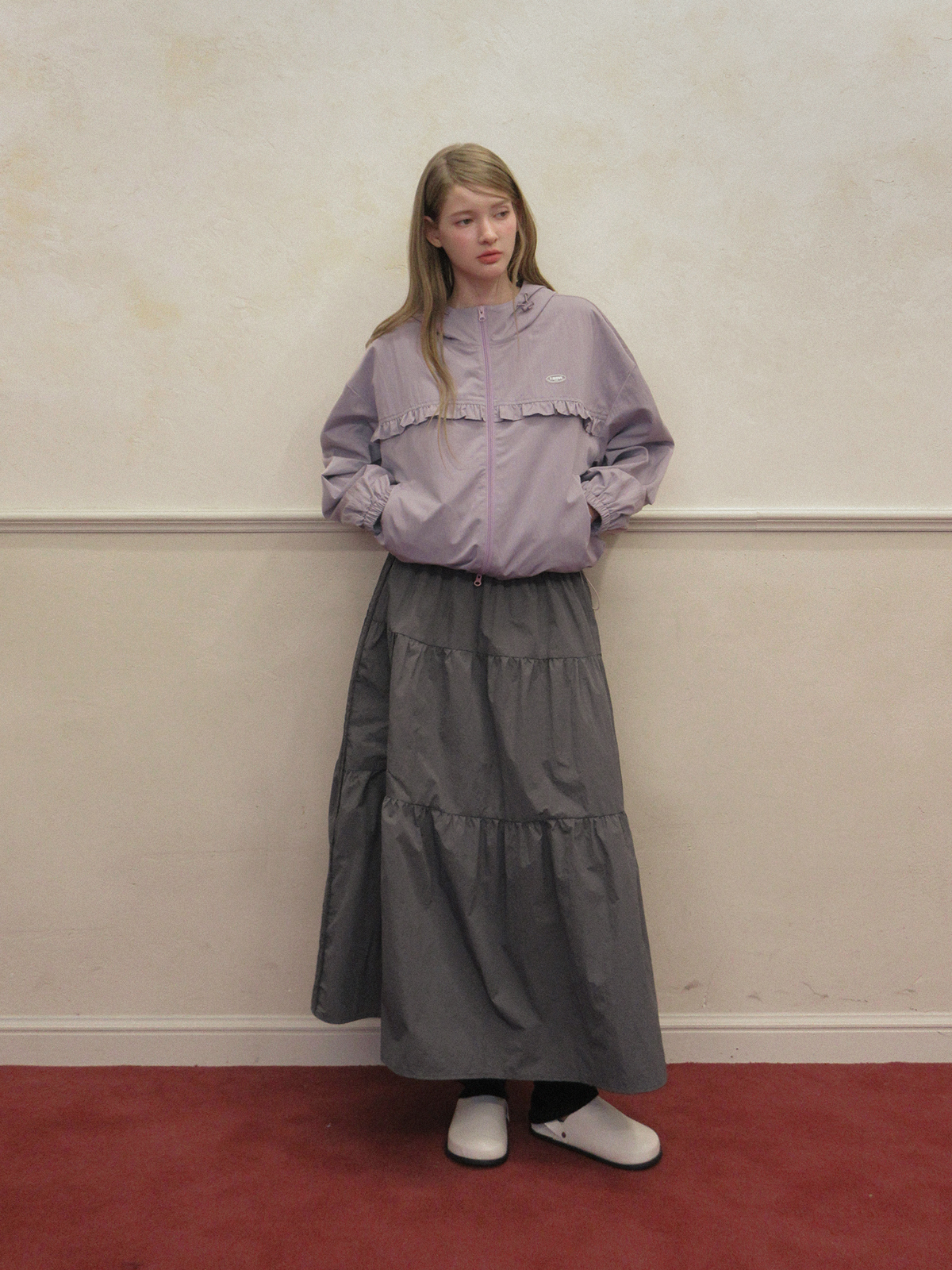 TWEE Jure lace nylon tiered long skirt - Model styling view