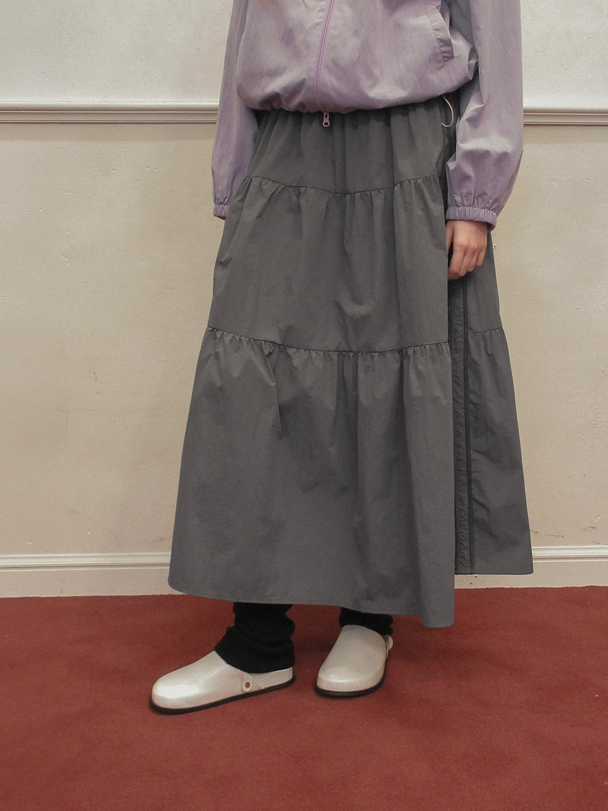 TWEE Jure lace nylon tiered long skirt - Model styling view