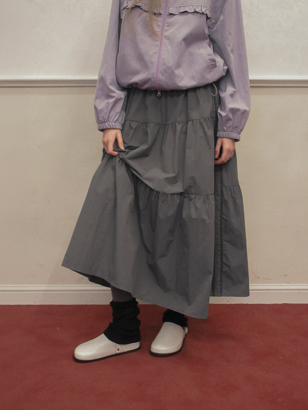 TWEE Jure lace nylon tiered long skirt - Model styling view