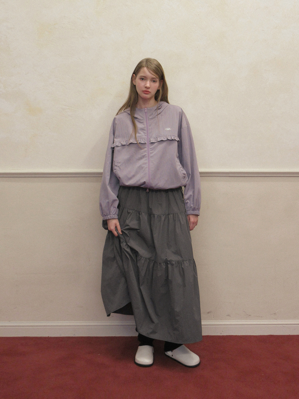 TWEE Jure lace nylon tiered long skirt - Model styling view