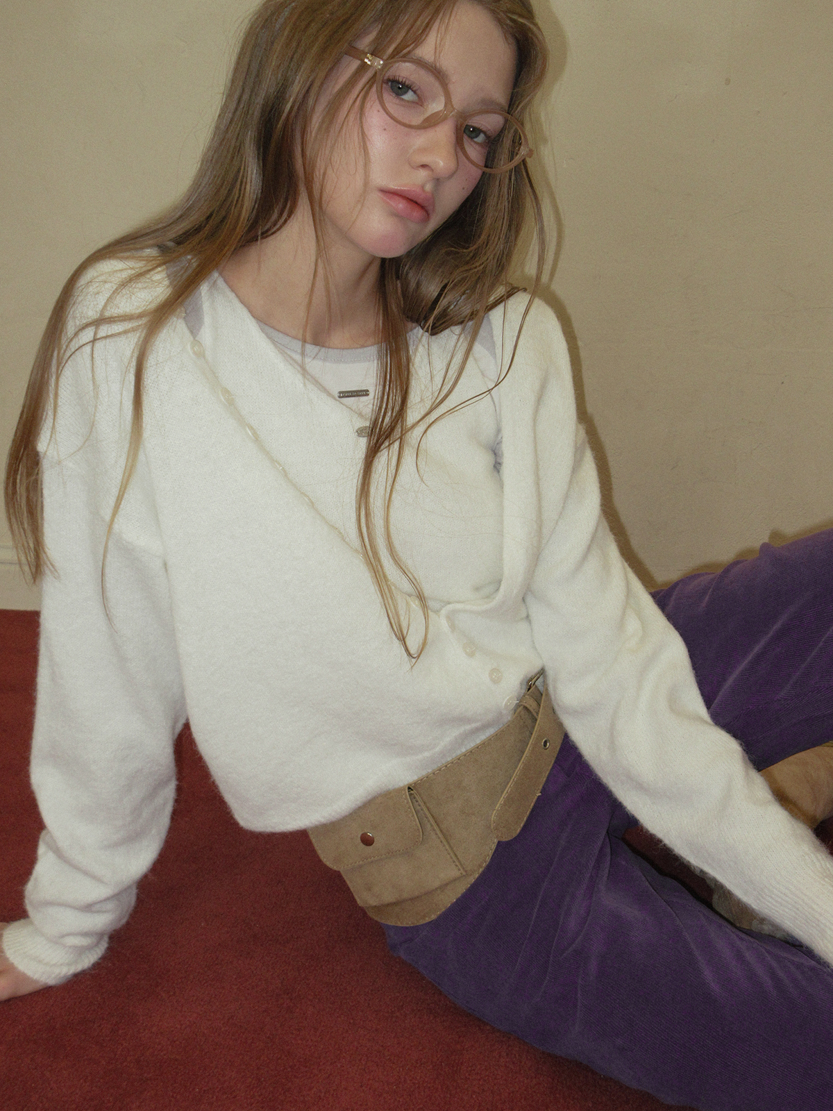 TWEE Runder button layered sleeveless cardigan set - Model styling view