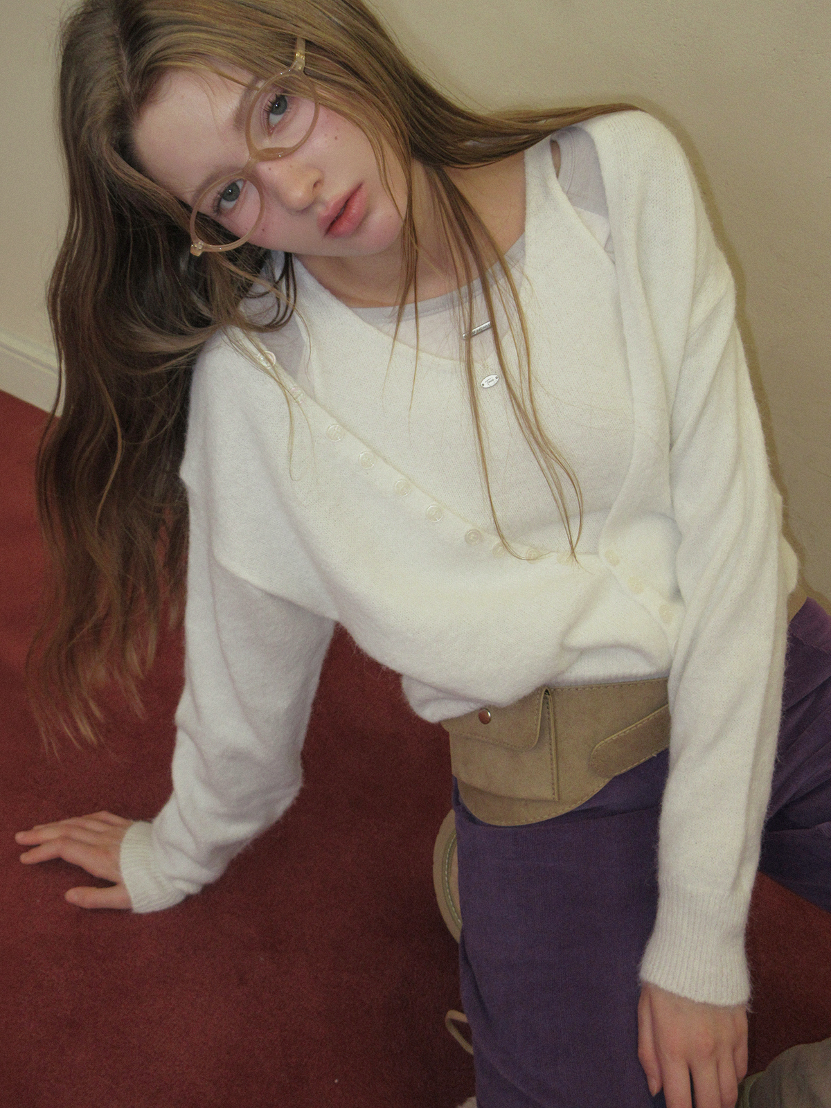 TWEE Runder button layered sleeveless cardigan set - Model styling view