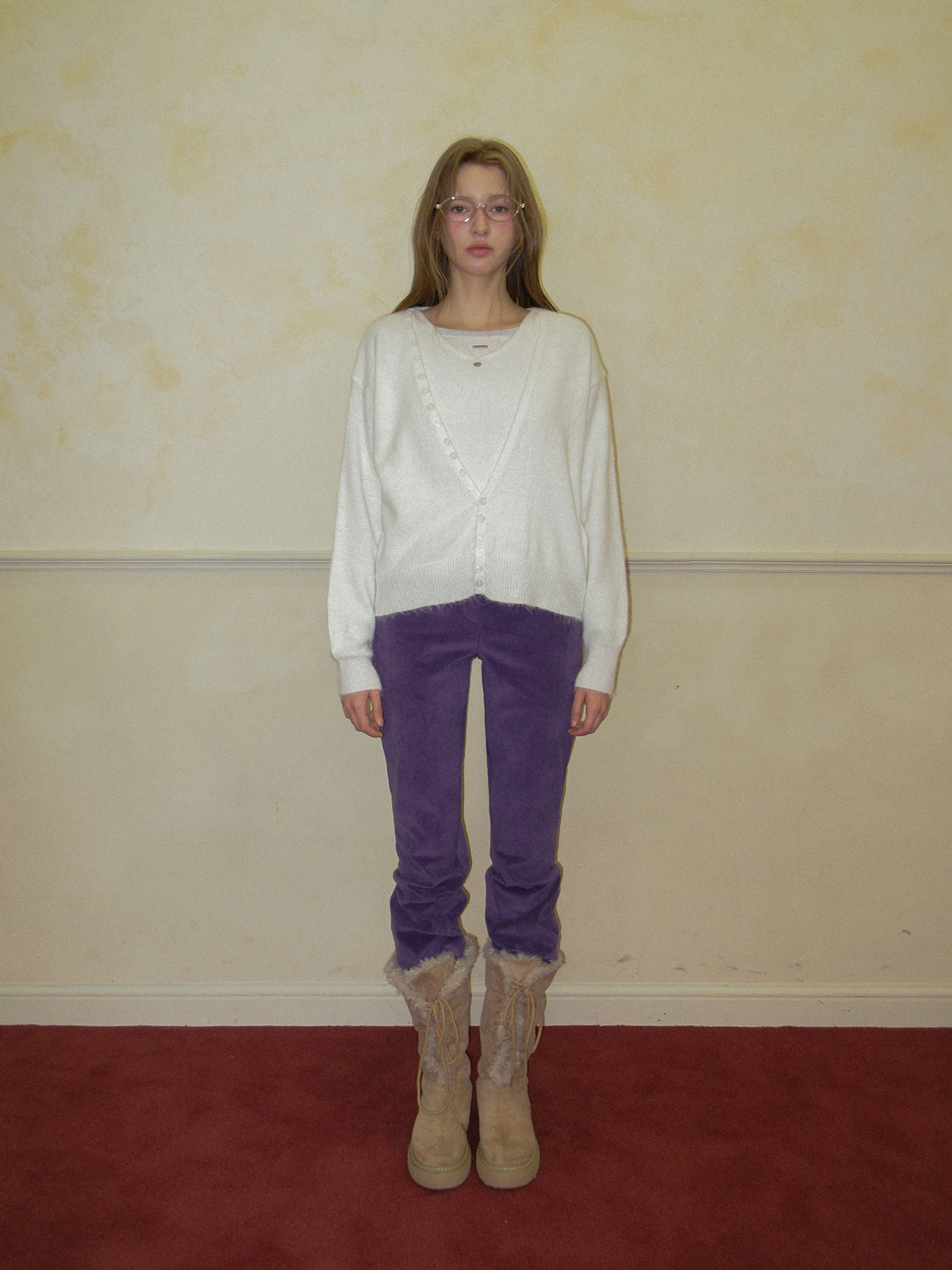 TWEE Runder button layered sleeveless cardigan set - Model styling view