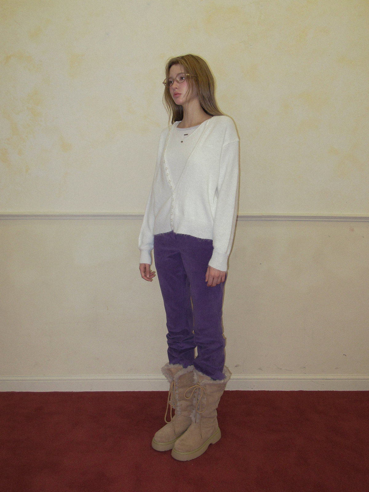 TWEE Runder button layered sleeveless cardigan set - Model styling view