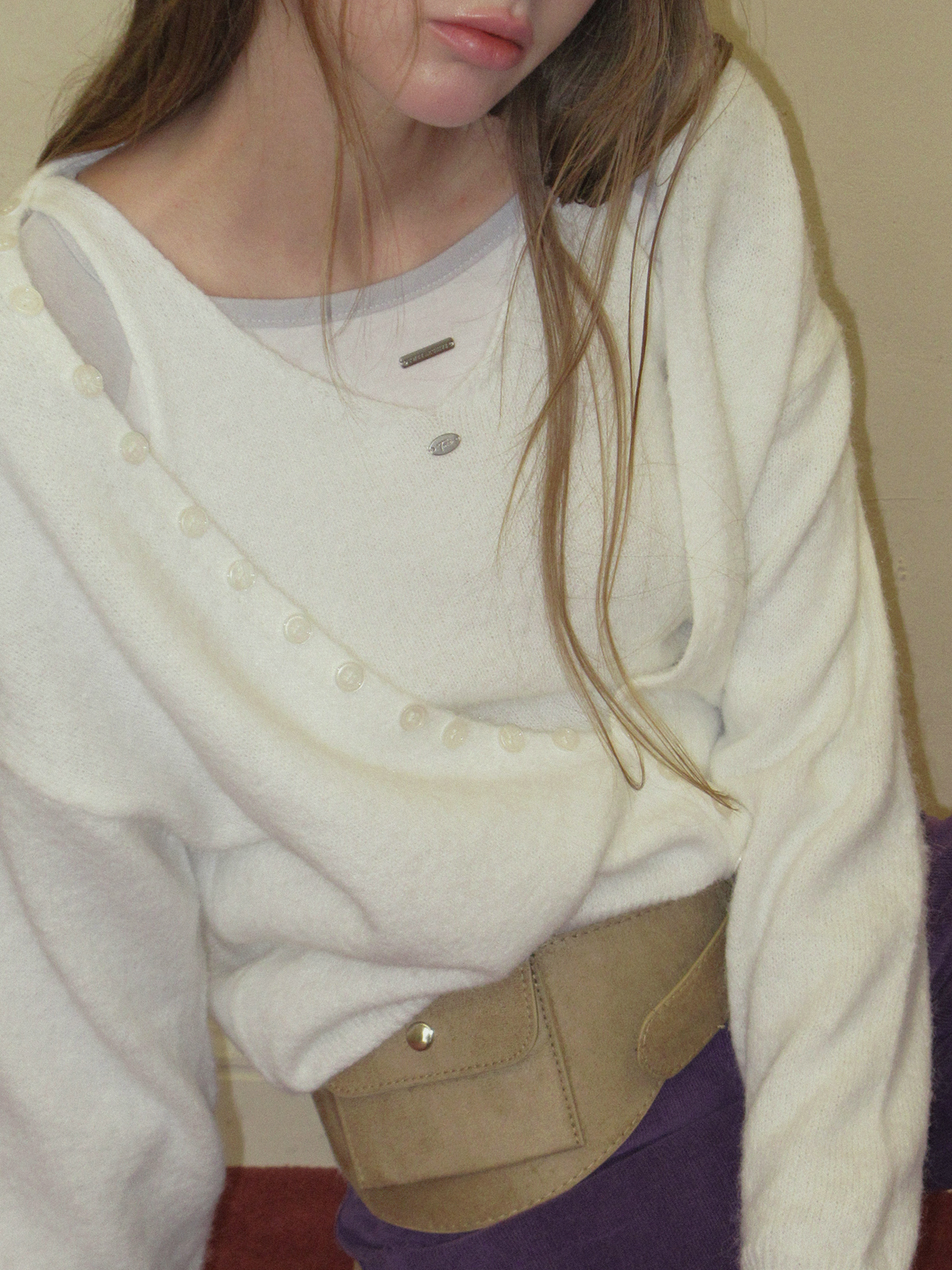 TWEE Runder button layered sleeveless cardigan set - Model styling view