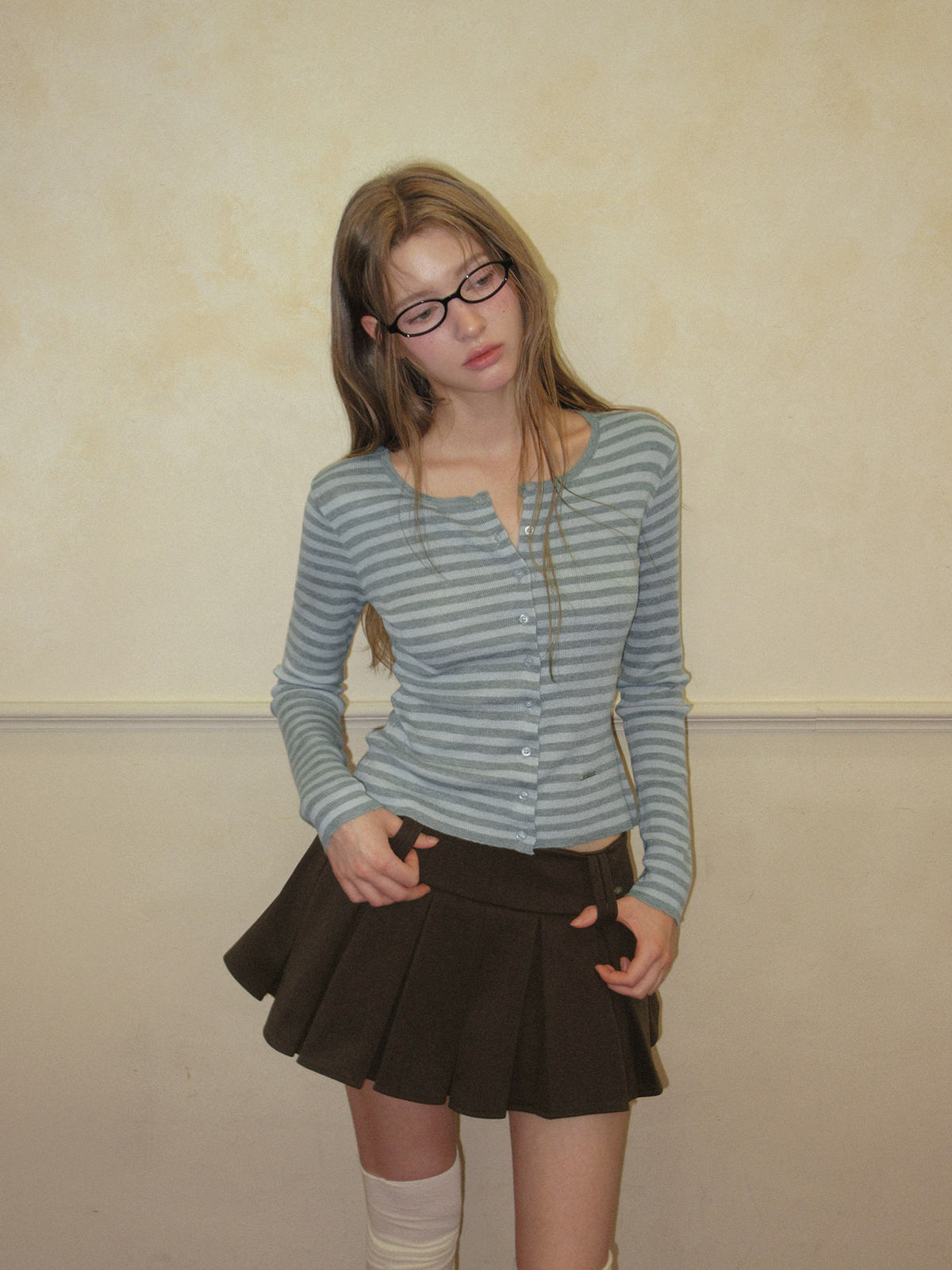 TWEE Pera stripe knit long sleeve cardigan - Model styling view