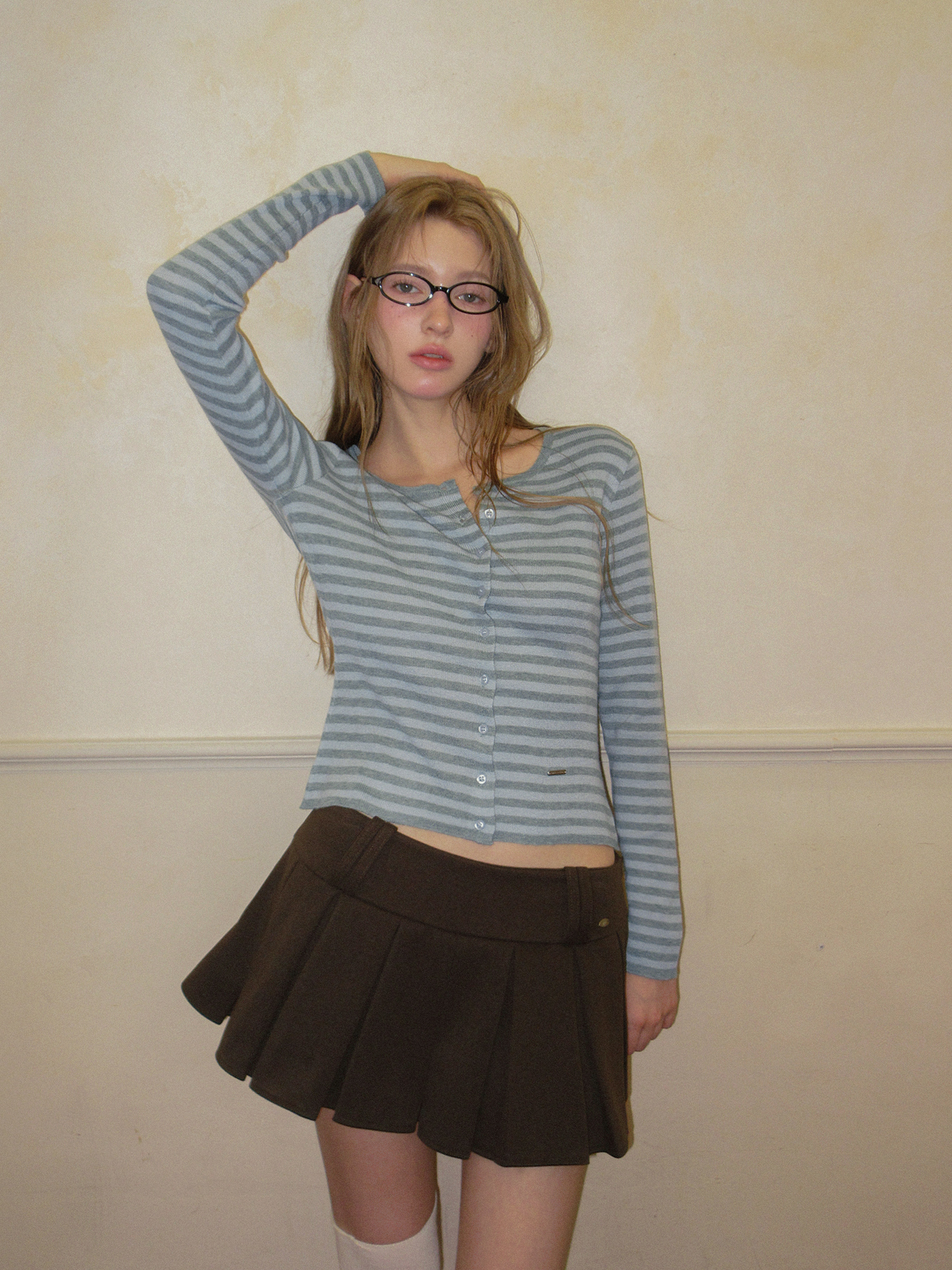 TWEE Pera stripe knit long sleeve cardigan - Model styling view