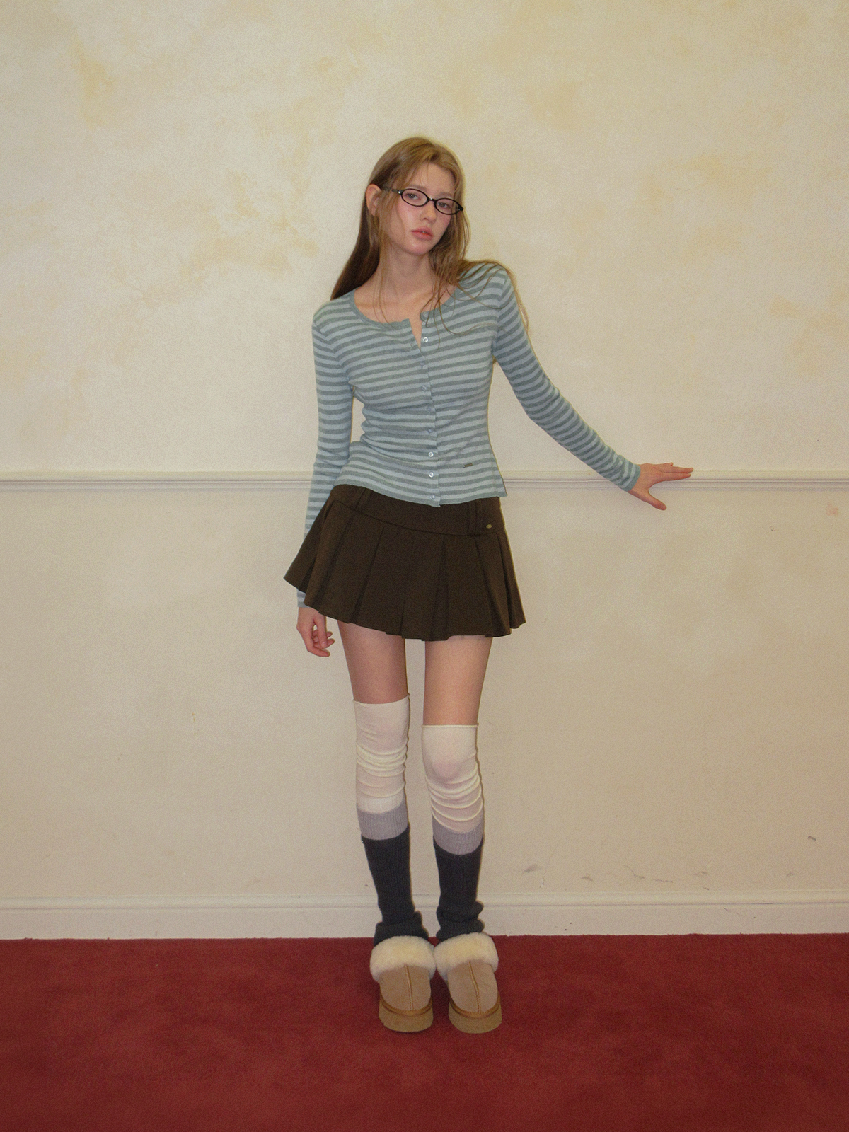 TWEE Pera stripe knit long sleeve cardigan - Model styling view