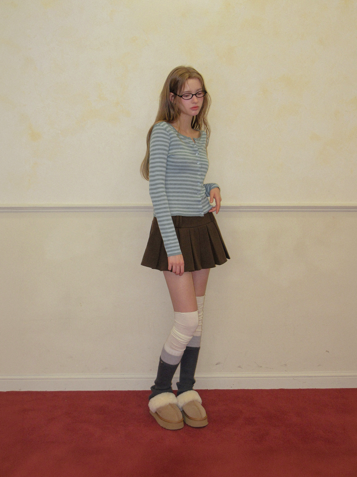 TWEE Pera stripe knit long sleeve cardigan - Model styling view