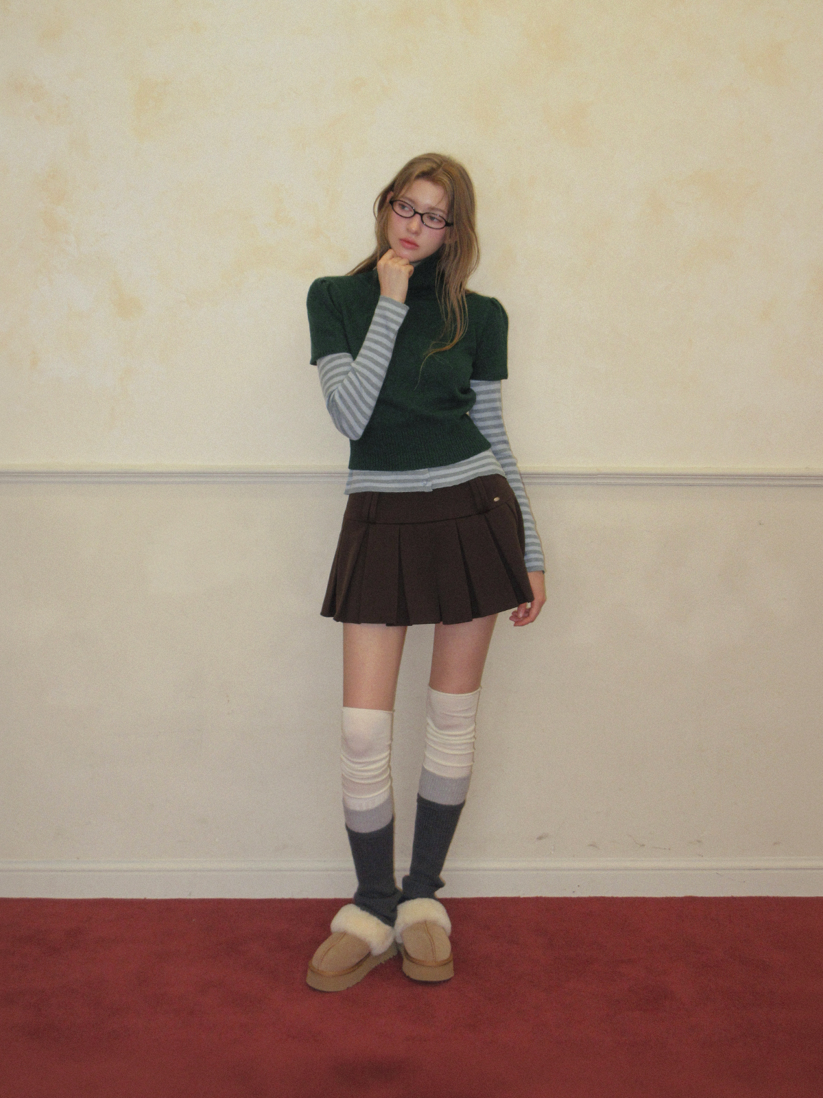 TWEE Pera stripe knit long sleeve cardigan - Model styling view