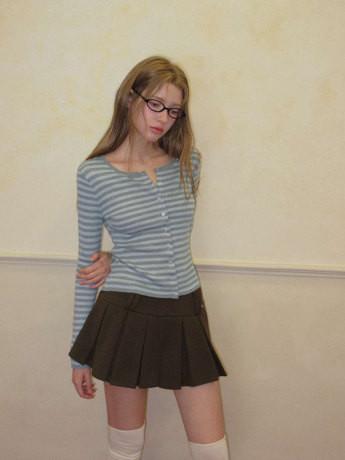 TWEE Pera stripe knit long sleeve cardigan - Model styling view