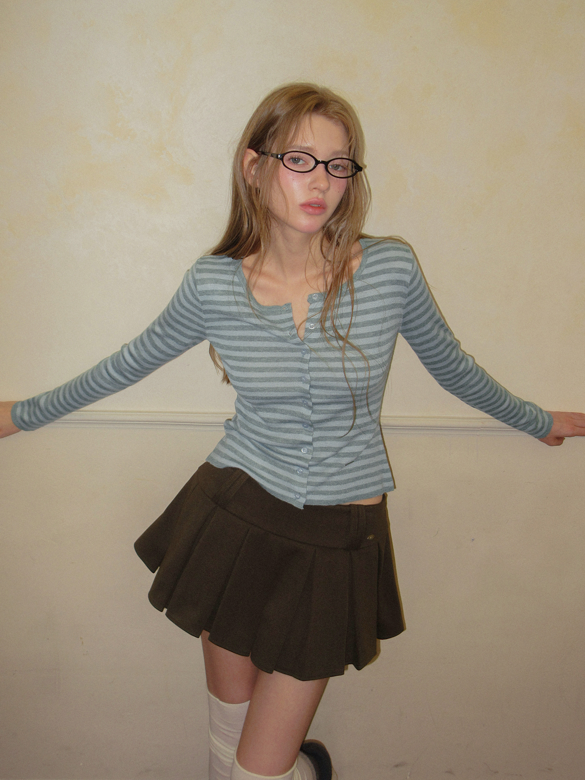 TWEE Pera stripe knit long sleeve cardigan - Model styling view