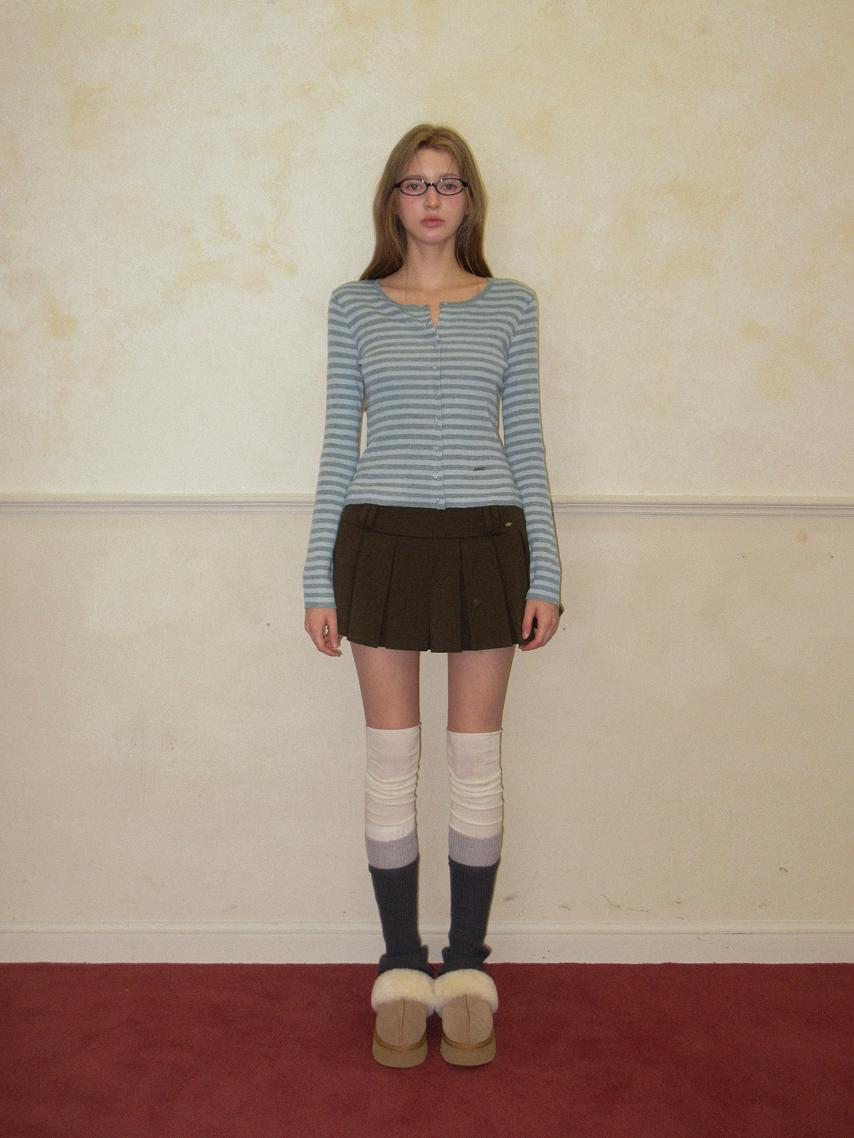 TWEE Pera stripe knit long sleeve cardigan - Model styling view