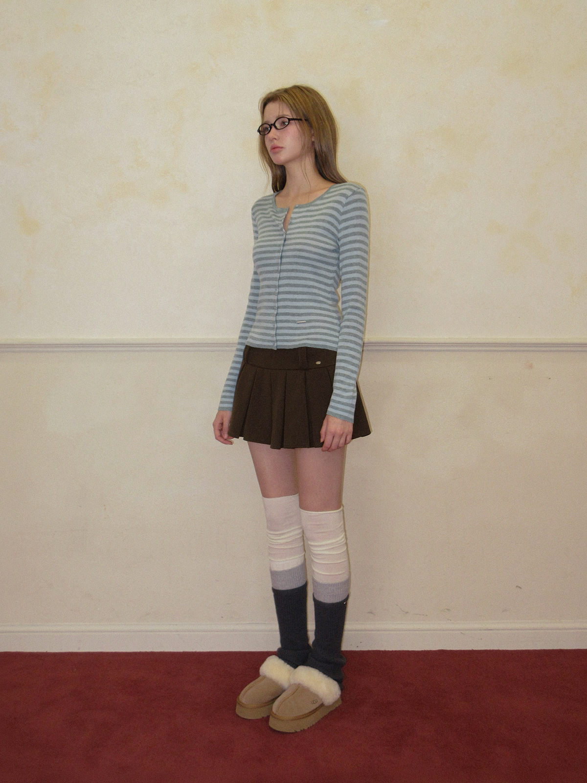 TWEE Pera stripe knit long sleeve cardigan - Model styling view
