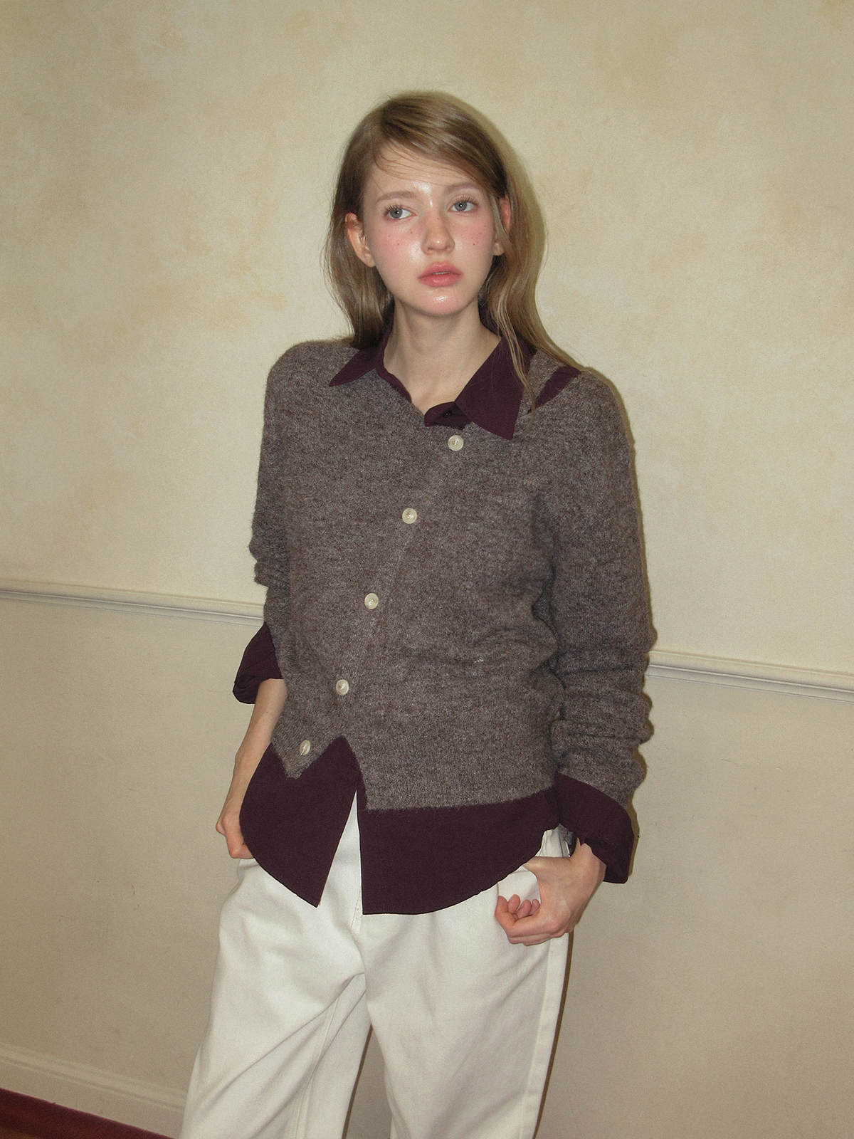 TWEE Newel diagonal button long sleeve knit - Model styling view
