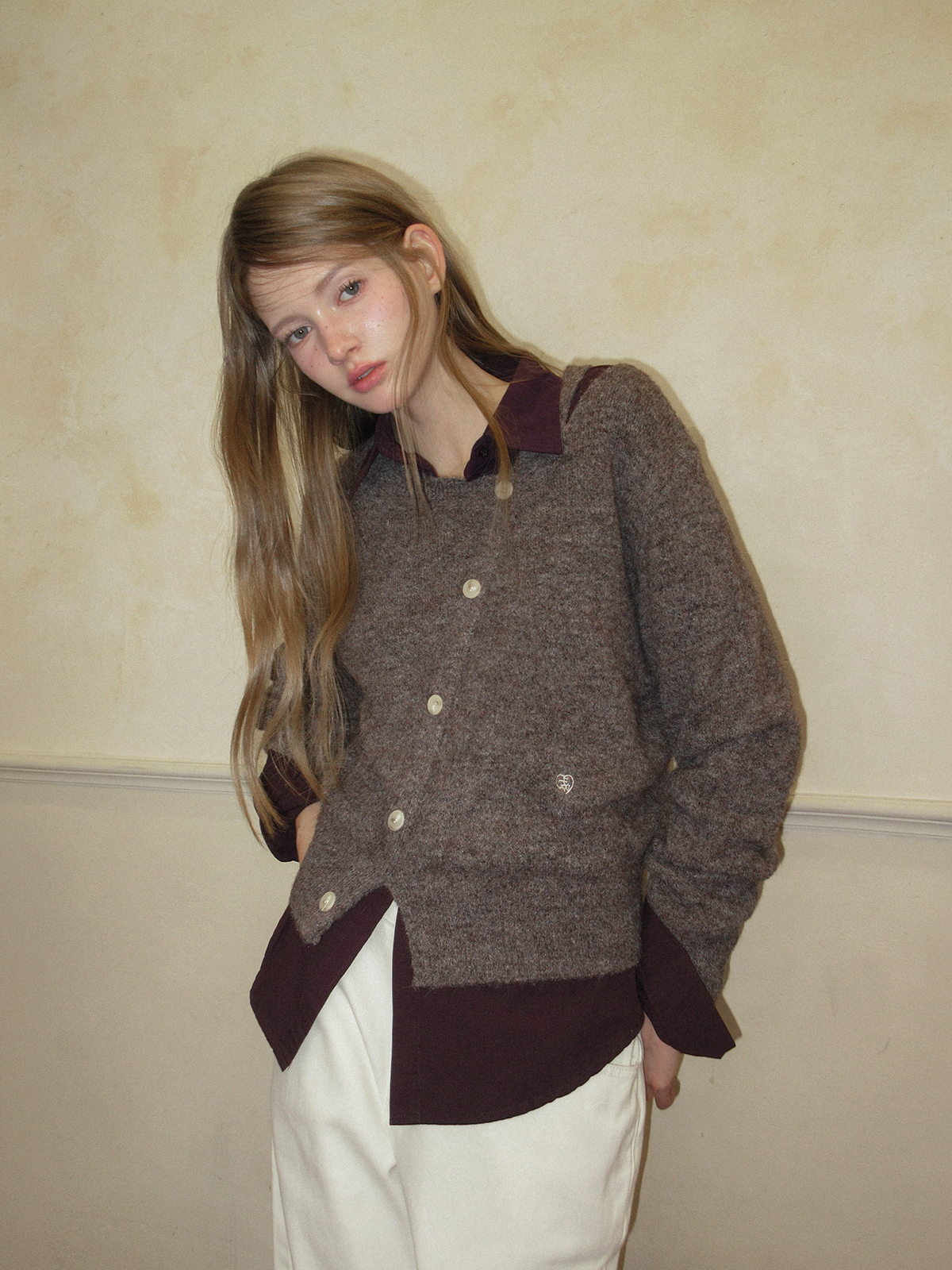 TWEE Newel diagonal button long sleeve knit - Model styling view